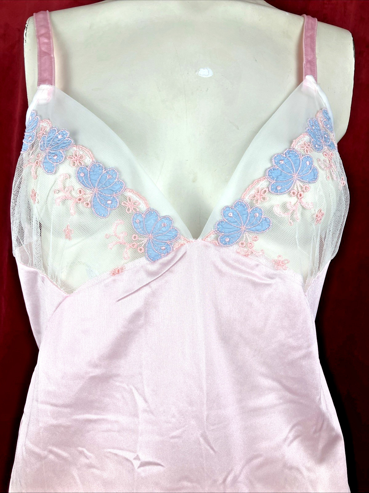 38 Bust 70s Boudoir Sheer Bust Floral Embroidery Camisole Cami Baby Pink Nylon