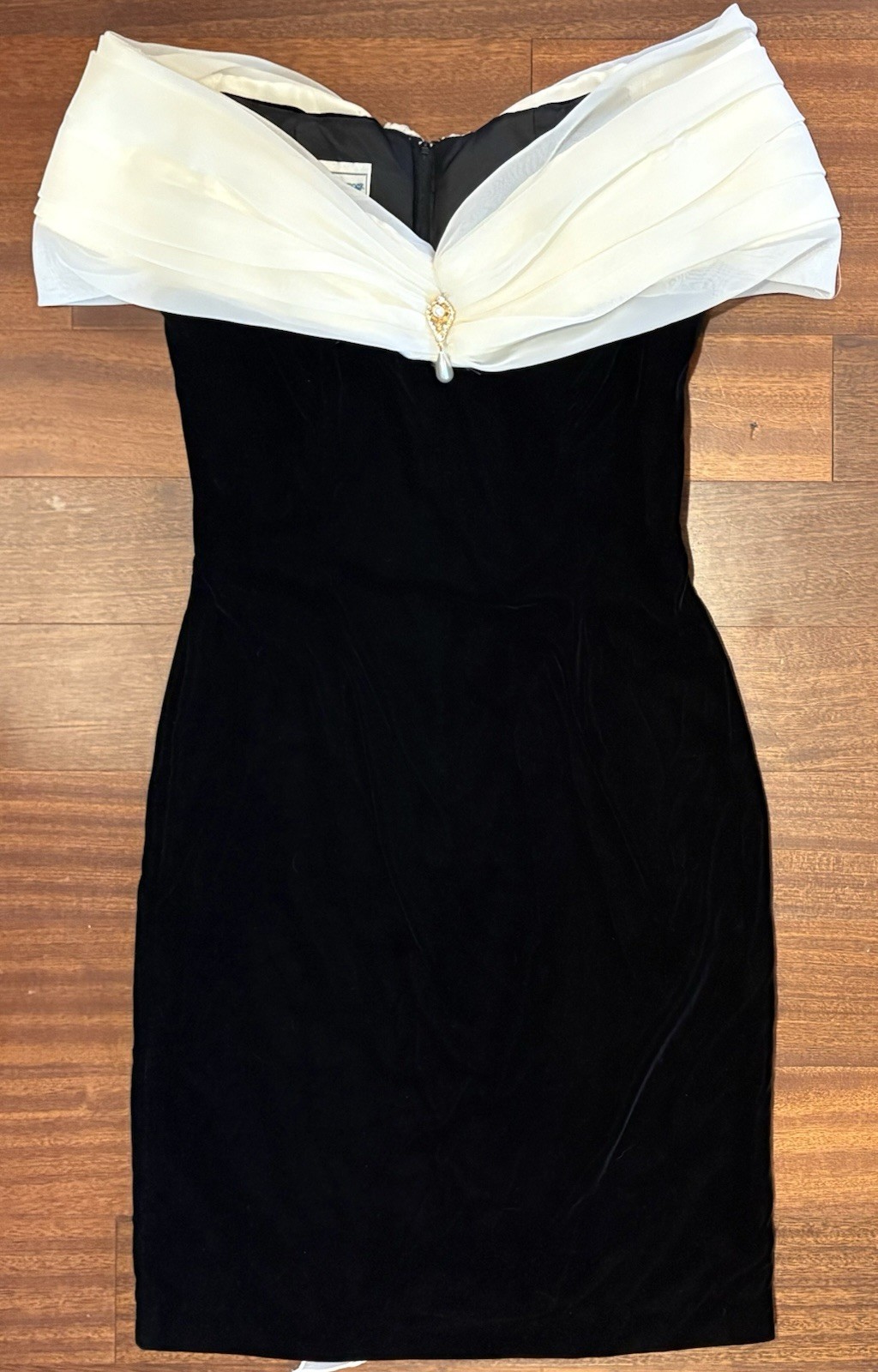 Vtg Jessica McClintock Velvet Cocktail Dress Off Shoulder White Chiffon Size 10