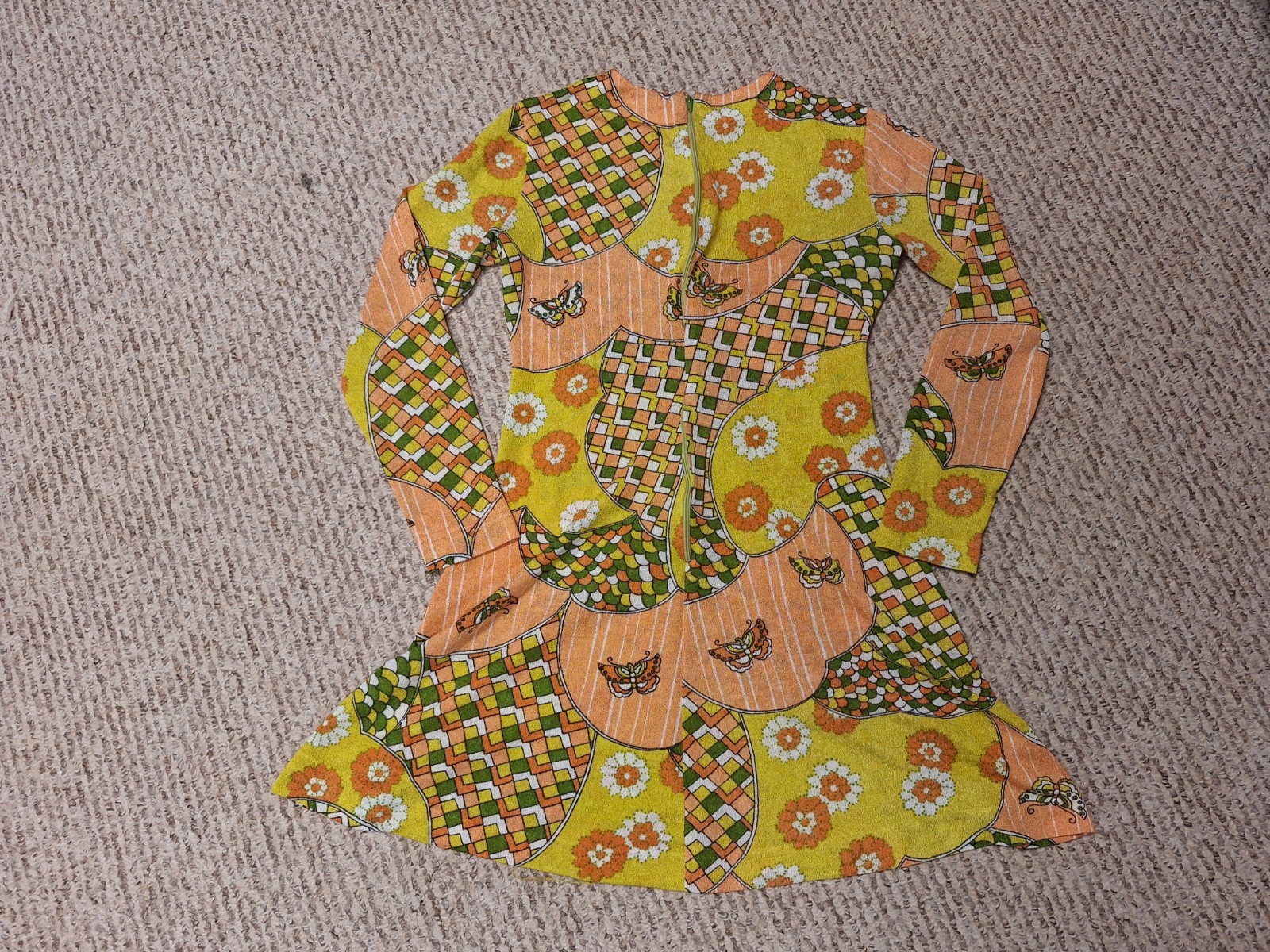 Vintage 60s 70s Psychedelic Flower Floral Butterfly Art Dress MOD Hippie Hippy