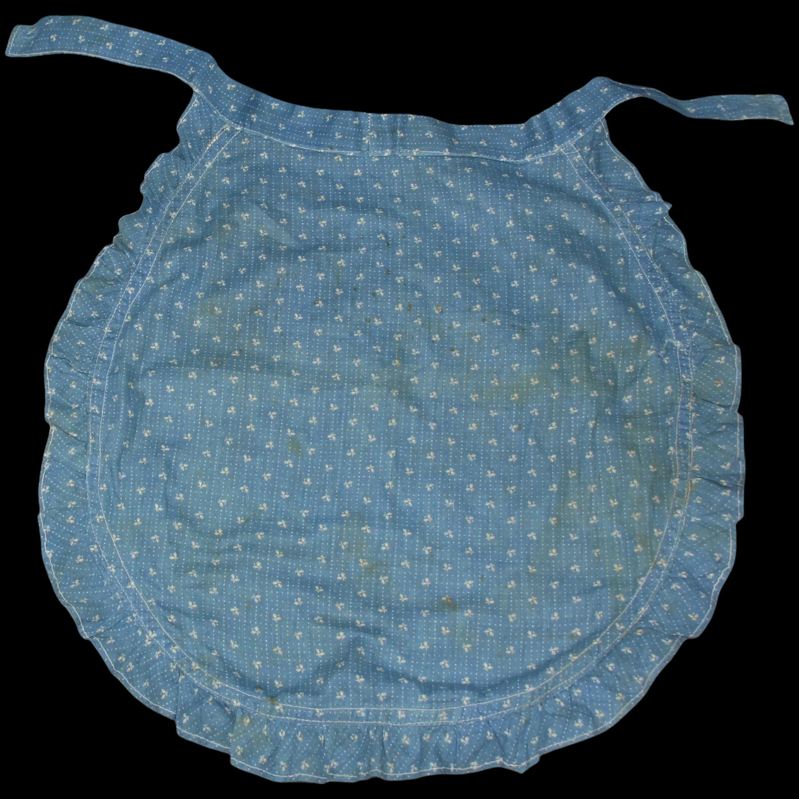 Antique c1880s Blue Calico Farmhouse Prairie Apron w Ruffled Edge