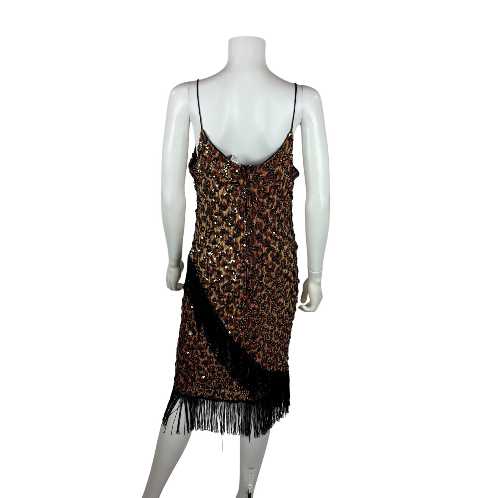 Vintage 90s Flapper Dress Womens Medium Leopard Style Print Sequin Party Fringe