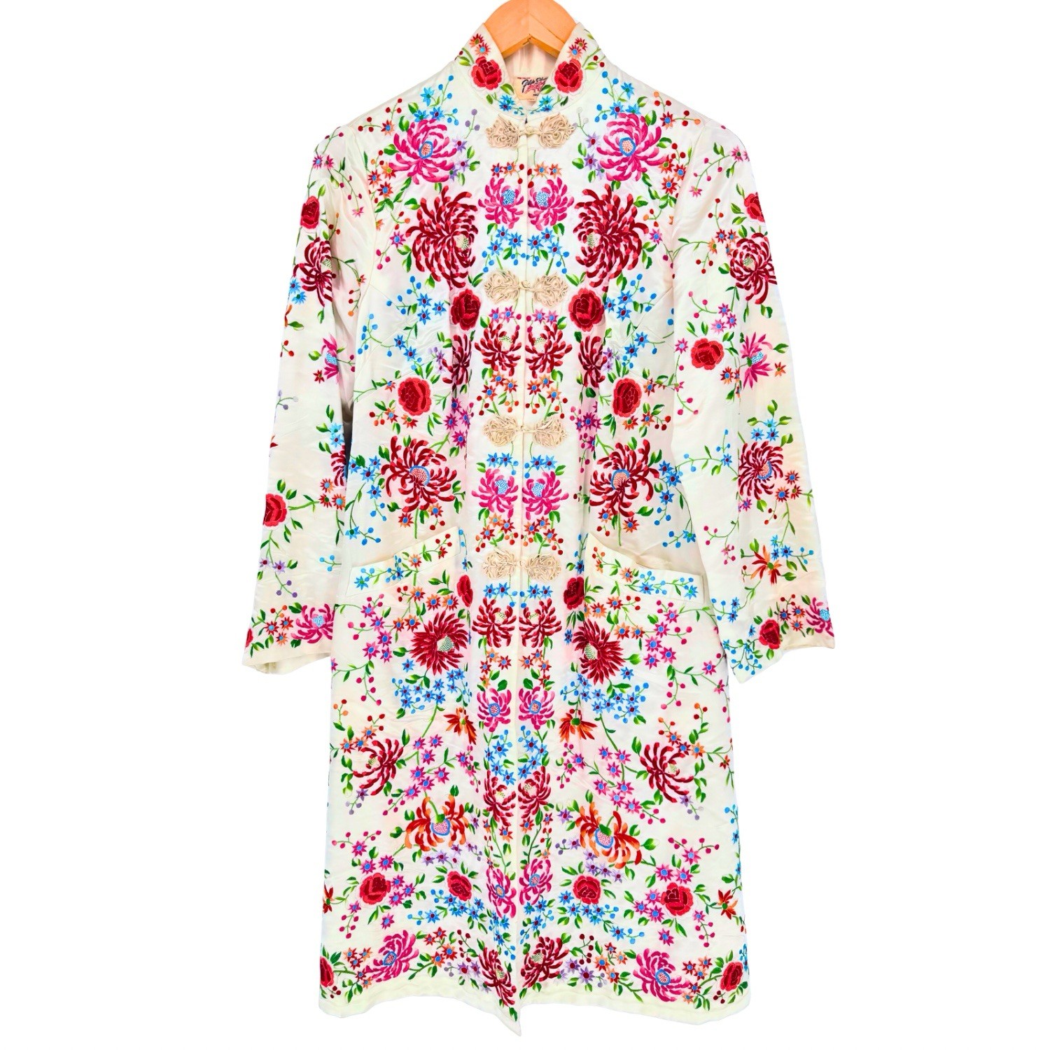 VTG 70s Plum Blossoms Embroidered Silk Duster Coat Jacket Chinese Cheongsam 40