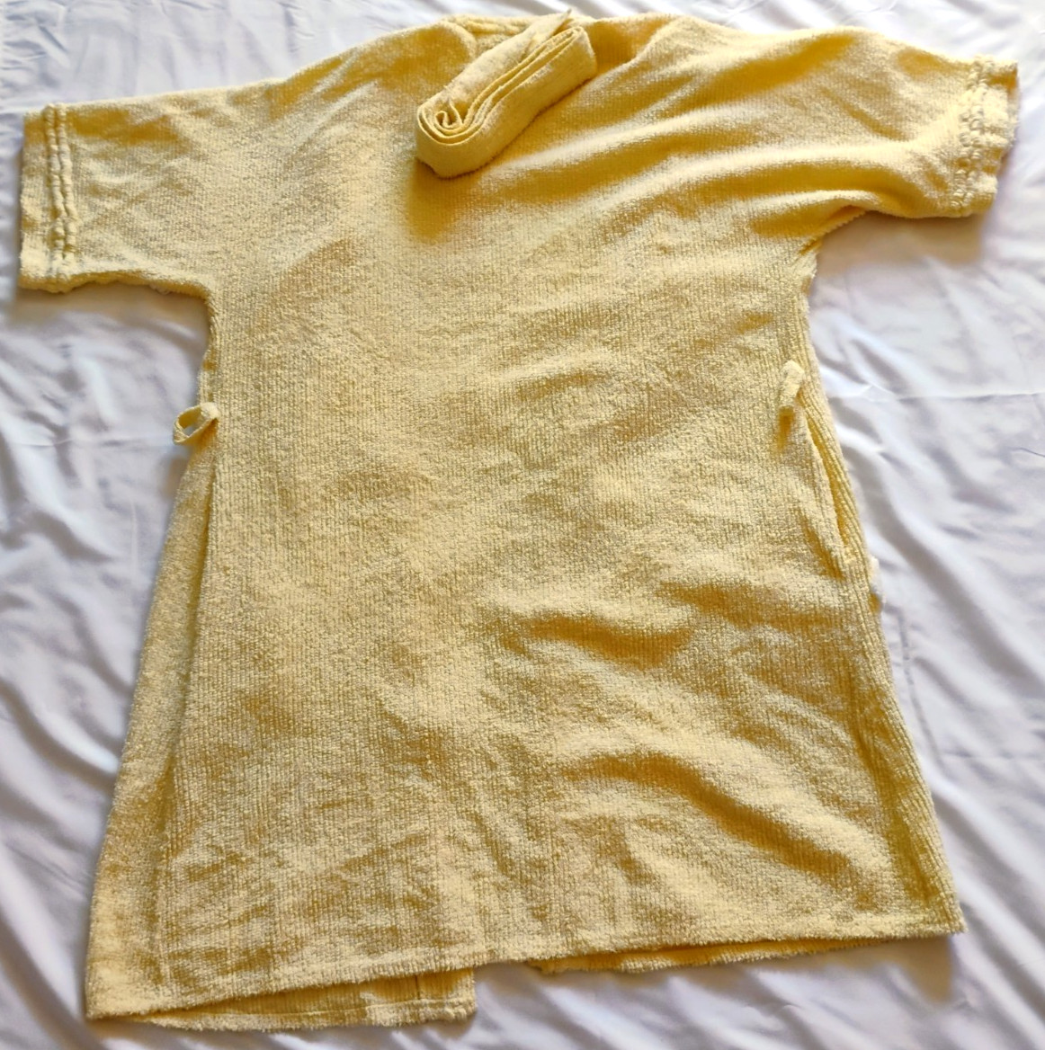 Vintage 70s Stan Herman Yellow Chenille Terry Robe Butterfly Decal Wrap Belt M
