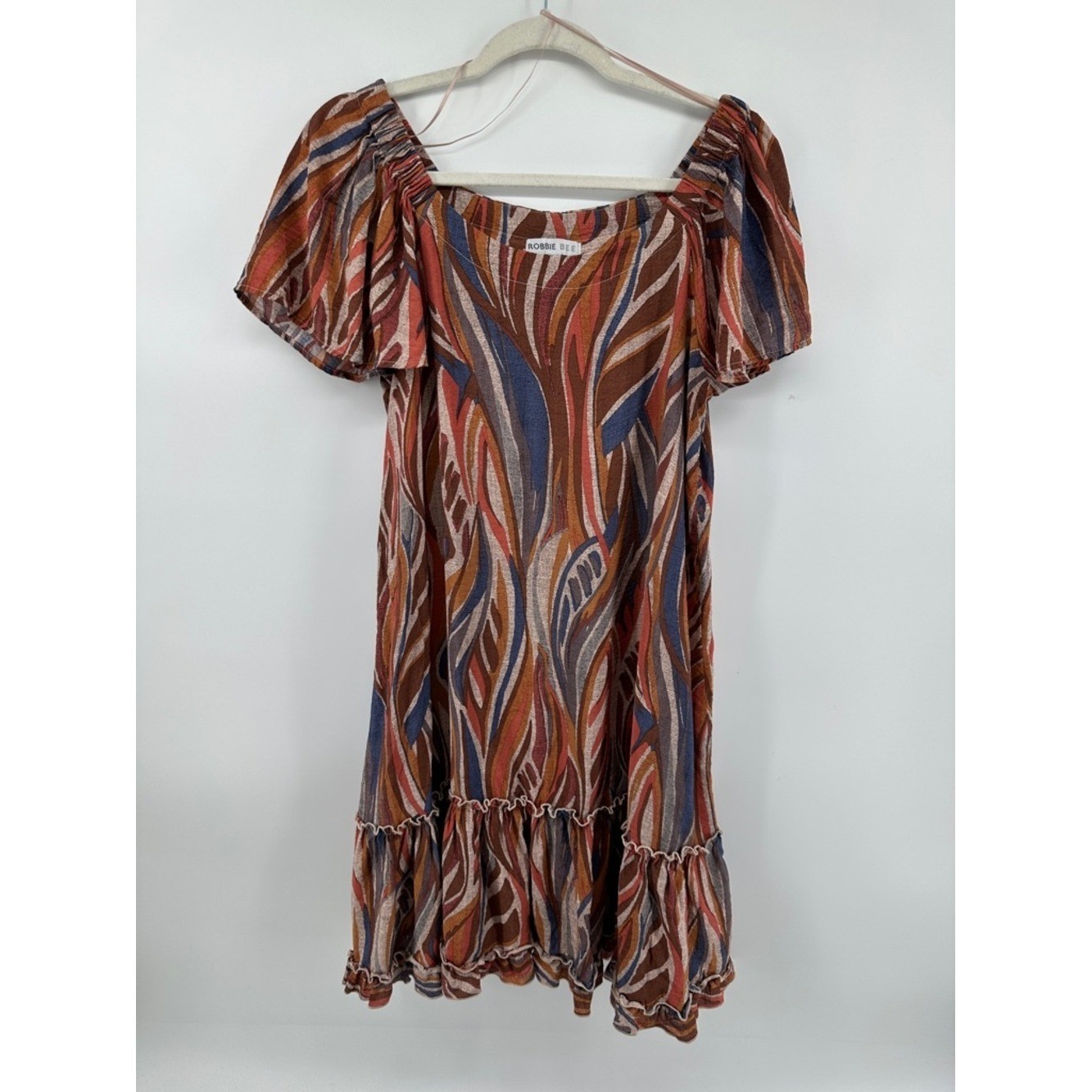 Robbie Bee Cottagecore Boho Coastal Retro Rust Multicolor Wave Print Dress SzL