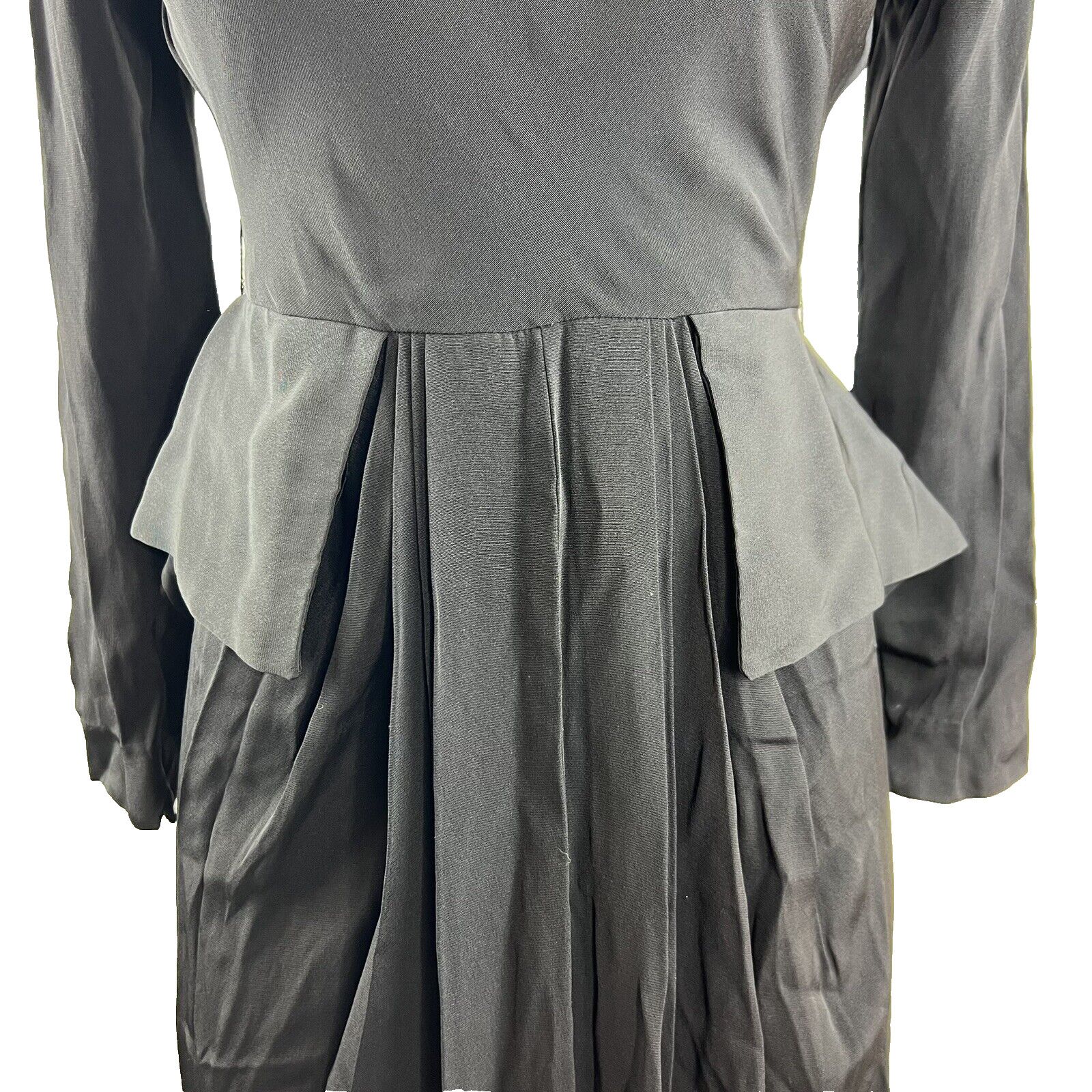 1940s Dress Solid Black Peplum Long Sleeve Knee Length Ben Lan Tag True Vintage