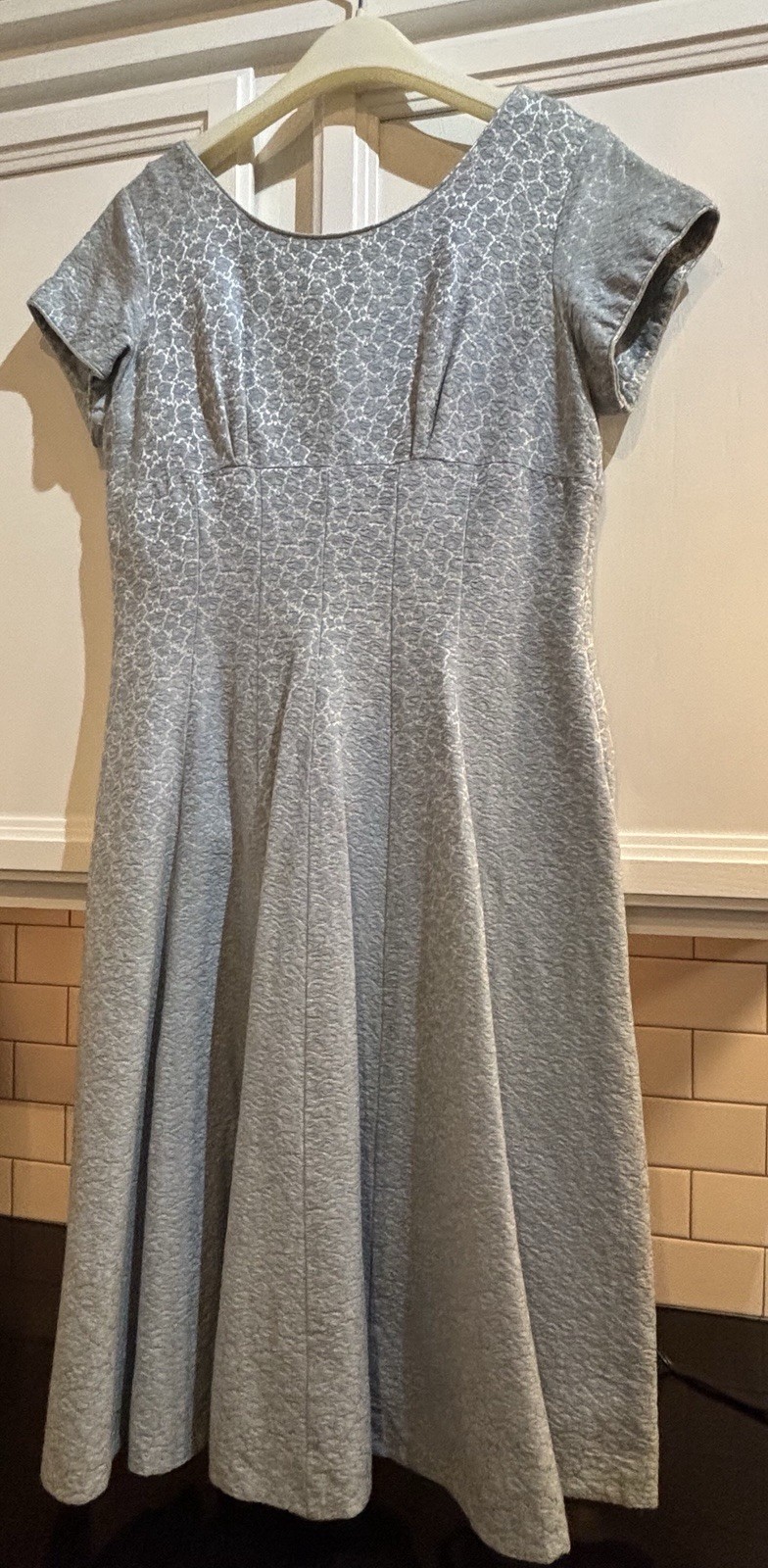 1960s Vintage Shimmering Powder Blue Floral Brocade Mid Length Dress. M/L Hand