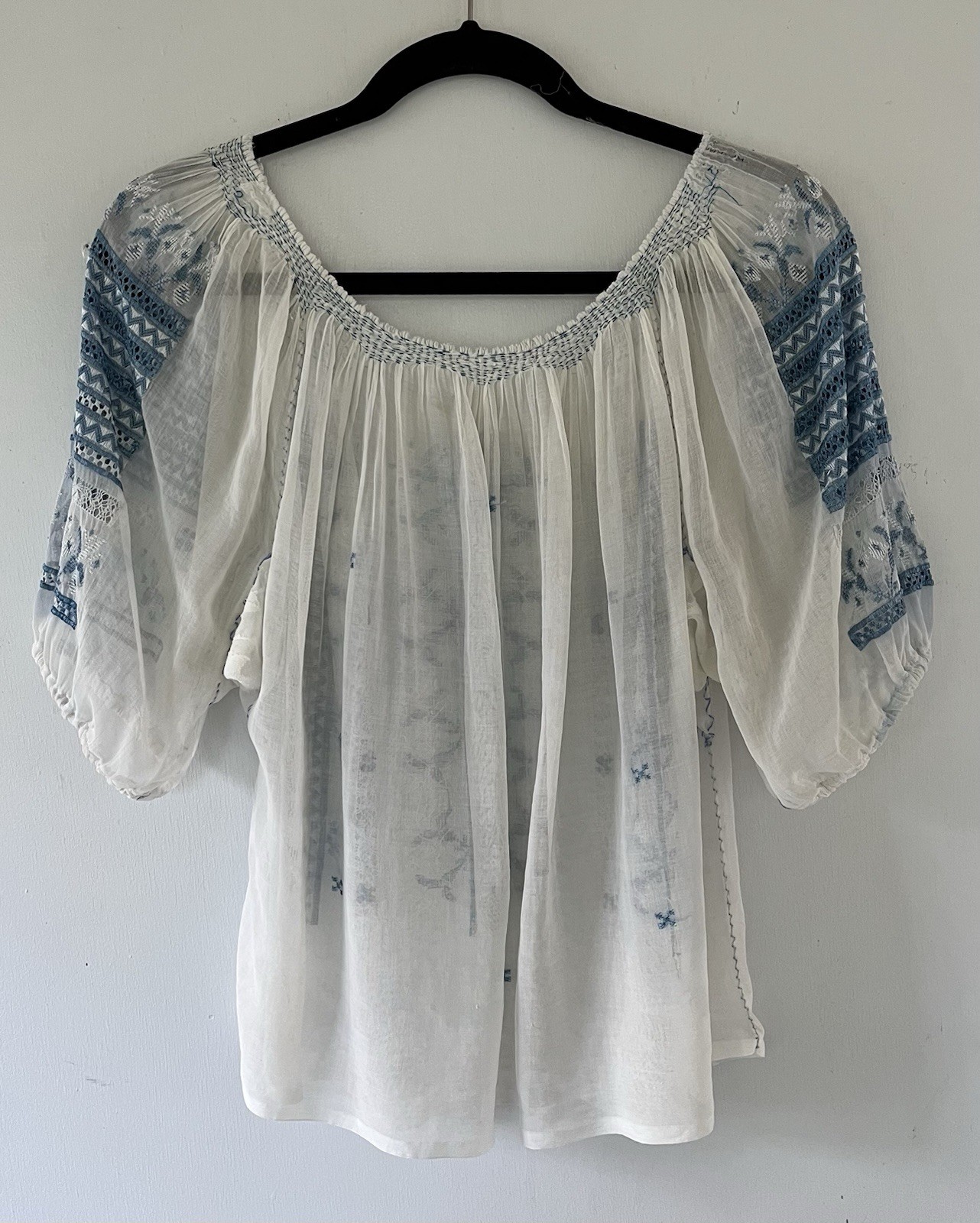 Vintage 1930s Art Deco Hand Embroidered Hungarian Sheer Cotton Peasant Blouse