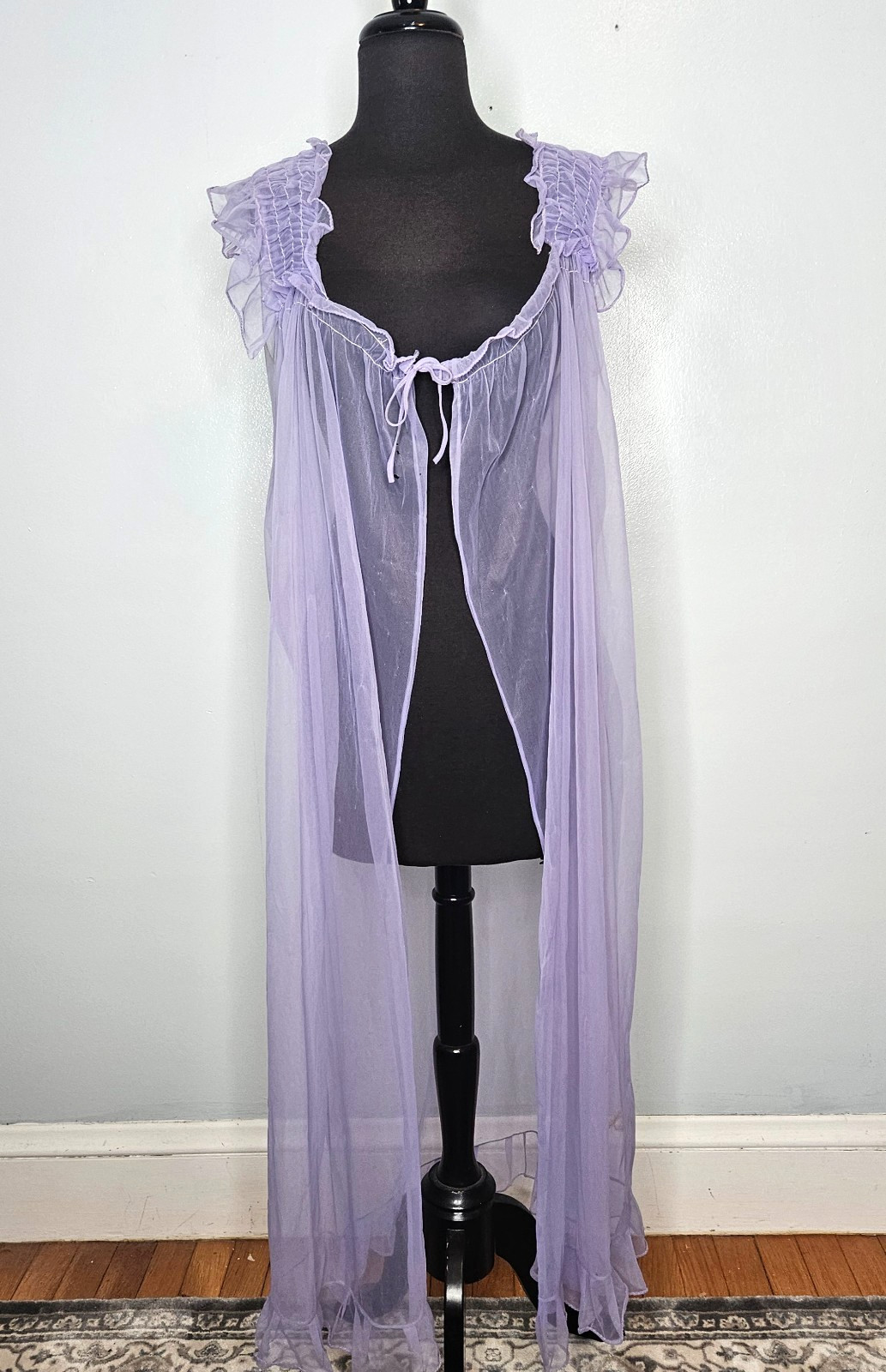 Vtg Perlon Peignoir Robe Germany Size 36 Purple Chiffon Ruffles Mad Men Romantic