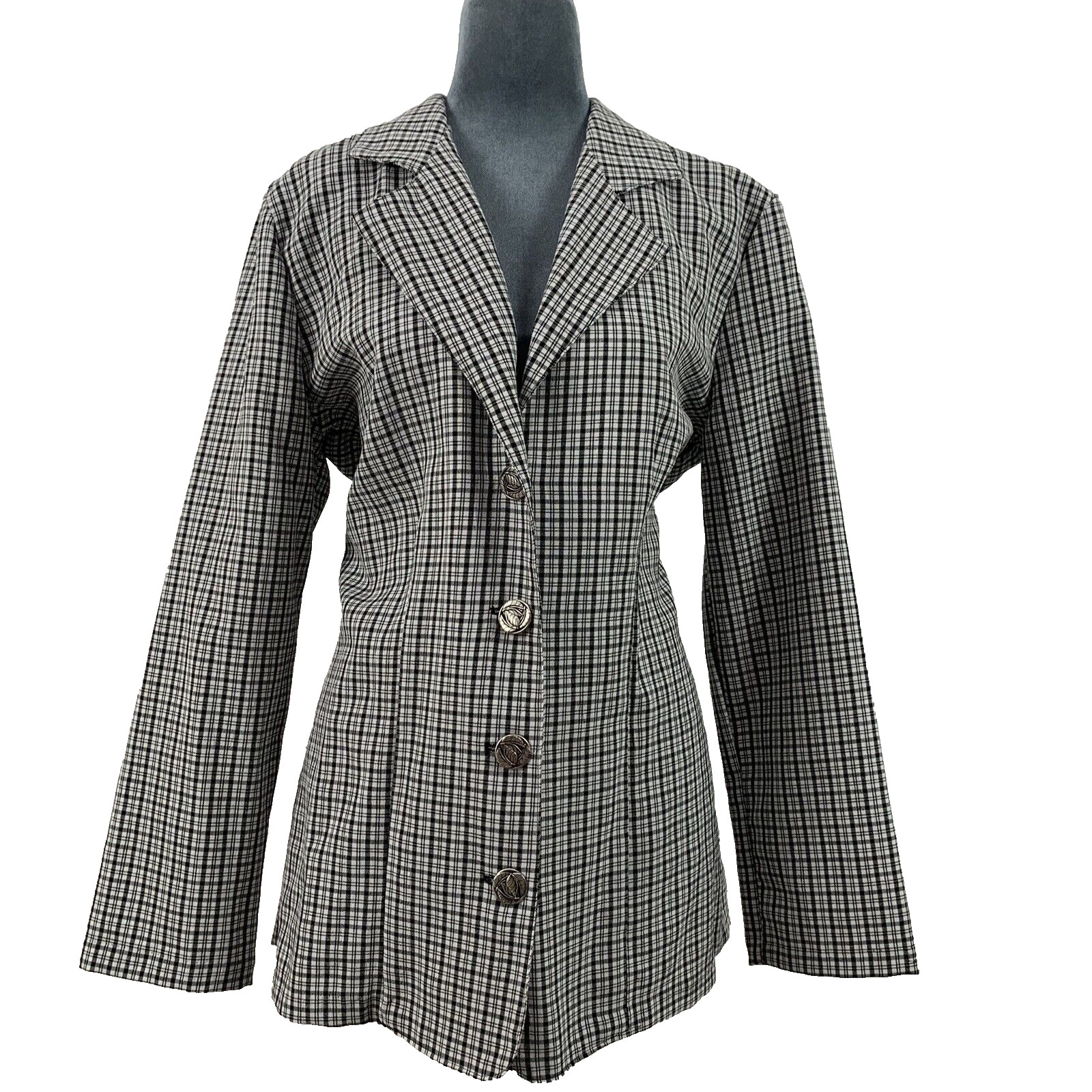 Vintage 70s Tymings Womens Medium Black White Check Polyester Blazer Jacket