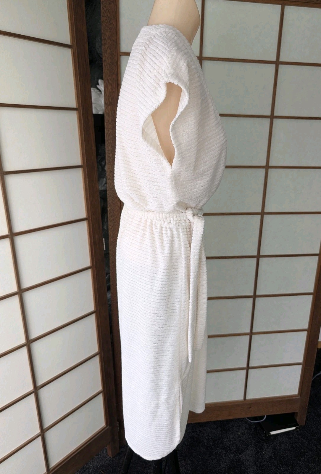 Vtg 1970s 80s Textured Terry Cloth Dress Swim Cover-up White Sz L Belted V-Neck