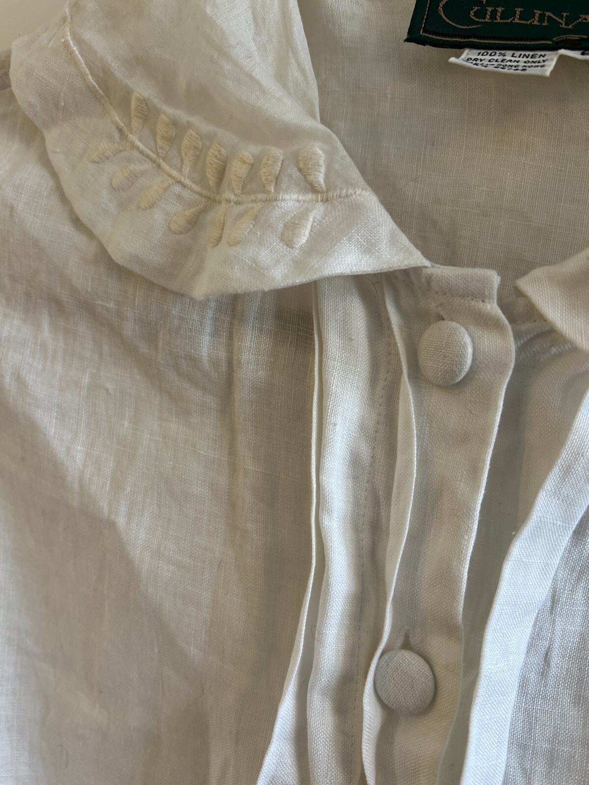 1980s Cullinane White Large Ruffle Collar 100% linen Romantic Blouse Shirt Sz 8