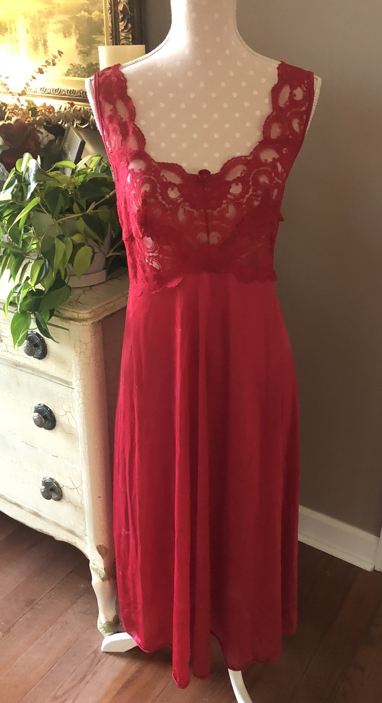 Vintage Nightgown Red Sexy Sheer Lace At Bust Glamour Full Sweep Women’s Large