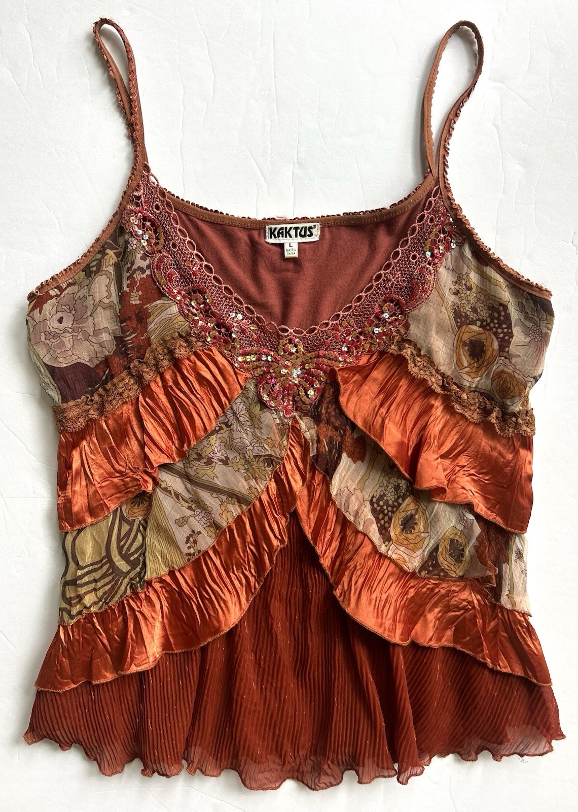 VTG Y2K Tiered Layer Floral Sequin Cami Tank Silk Blend Fairy Goblin Whimsy LARG