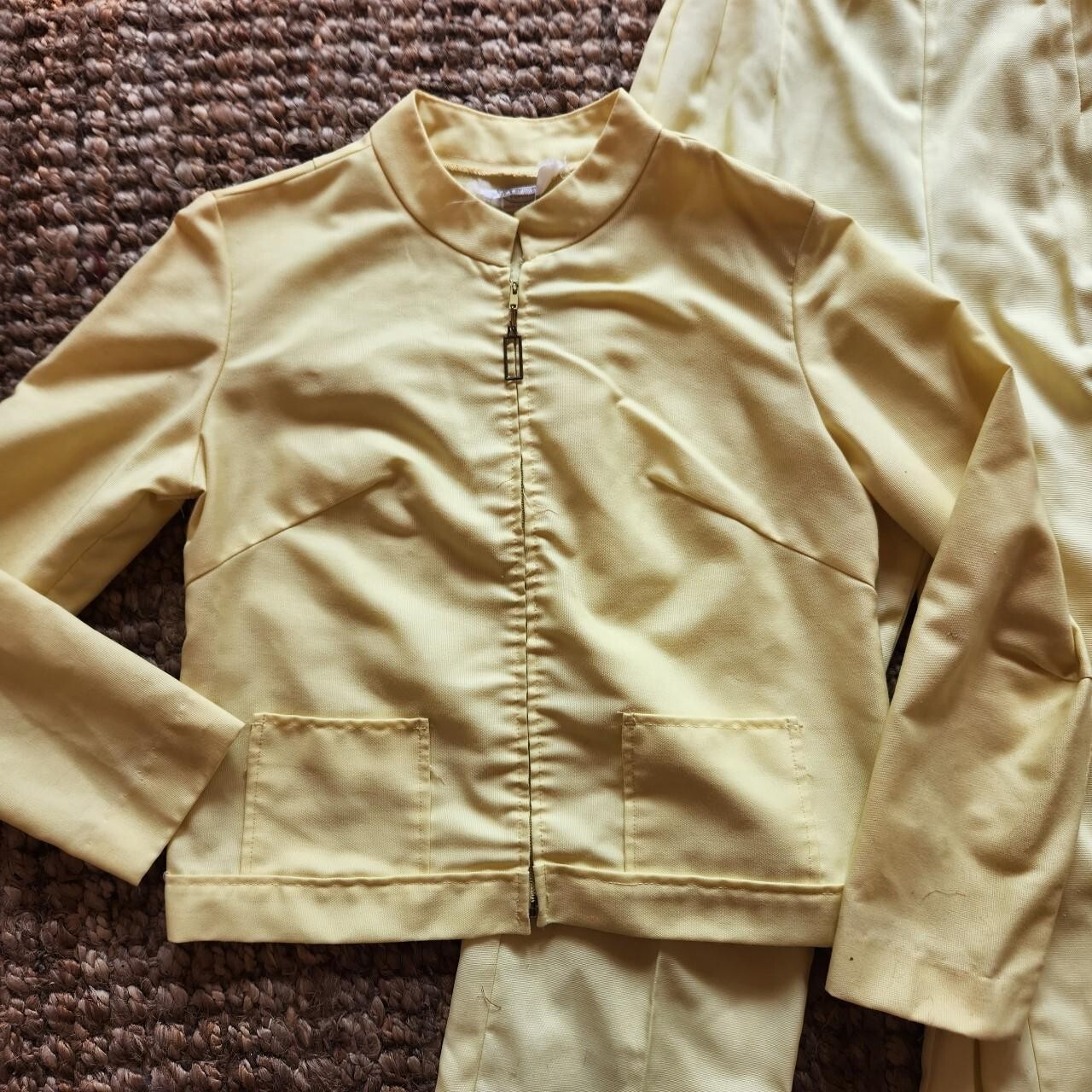 Vtg 70s matching set pants jacket Yellow white striped Alfred Werber size 14