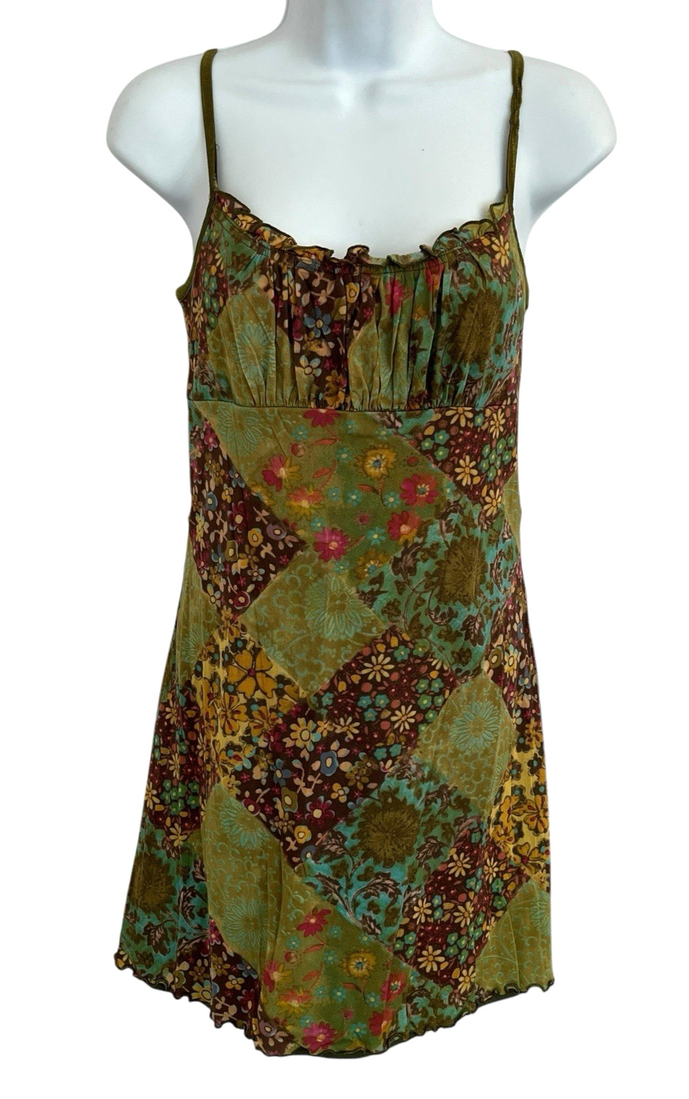 Vintage Byer Too Babydoll Slip Dress Y2K Fairy Grunge Floral Patchwork Green Lg