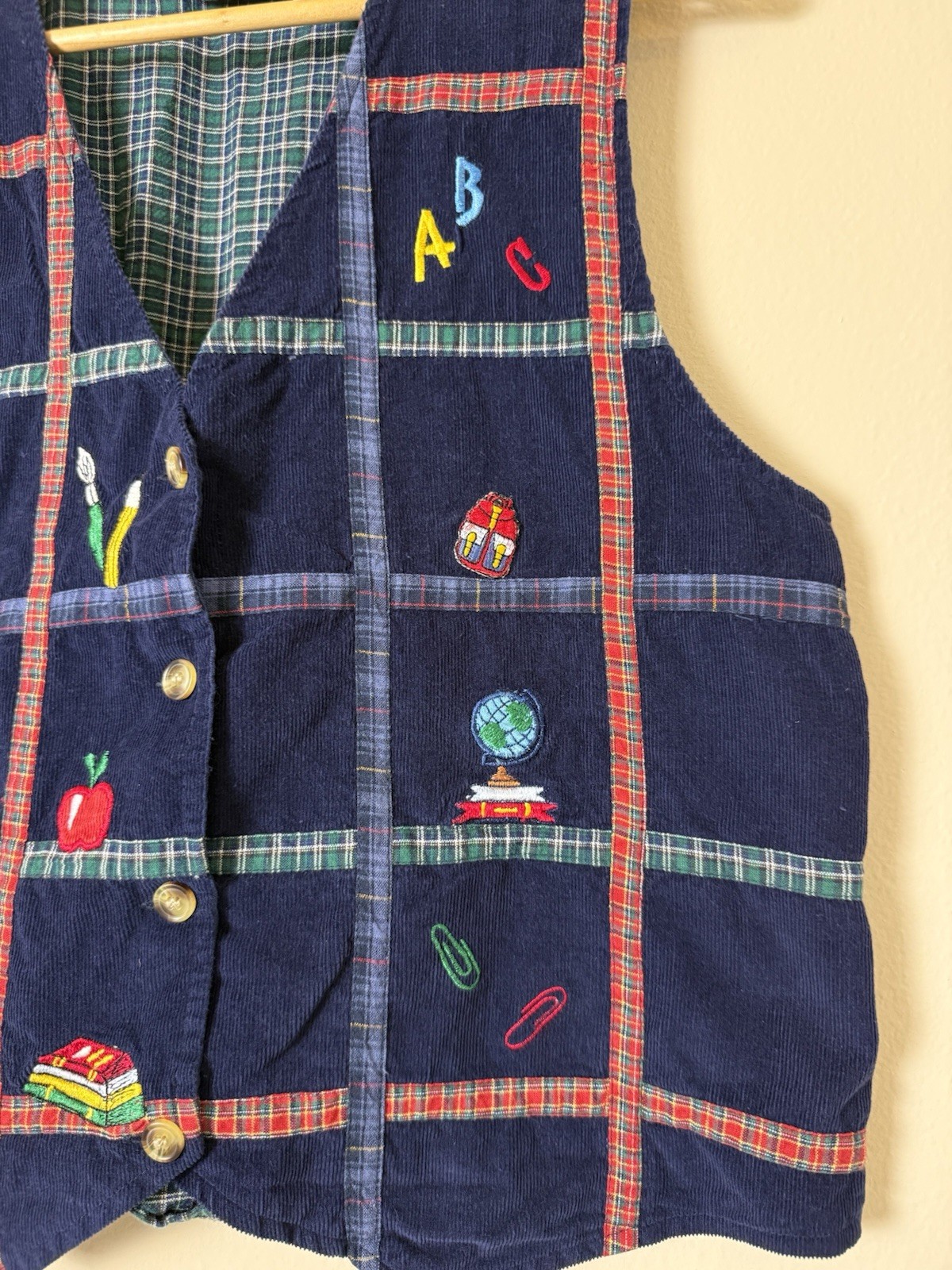 VTG 90s School Teacher Embroidered Plaid Detail Button Vest Pencils Apples Large