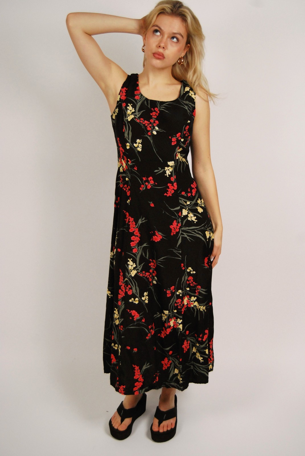 80s Tank Maxi Dress (8) black pink floral vintage preppy casual sundress a-line