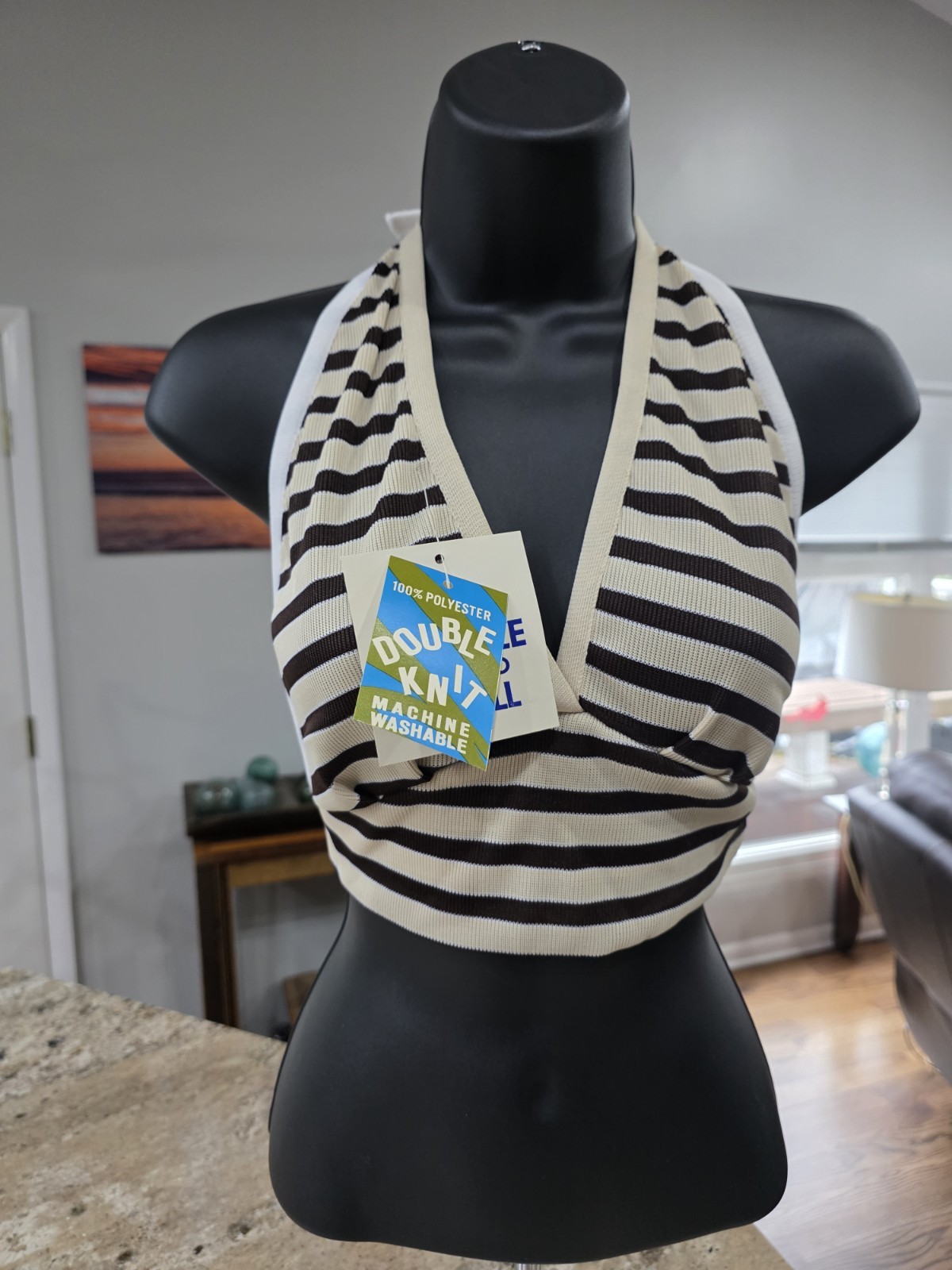 NOS Vtg 1970s Halter Top Double Knit Deadstock One Size Fits All Tan / Brown