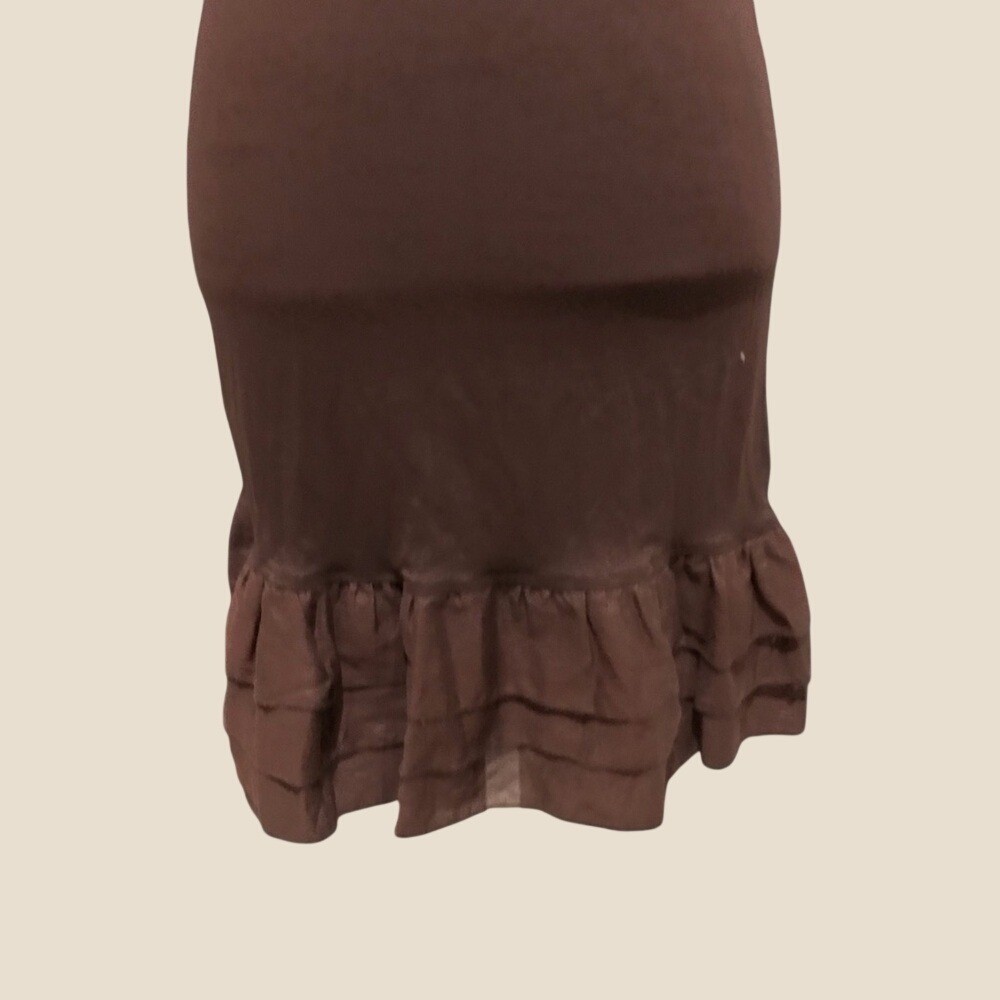Bebe Vintage Y2k Chocolate Brown Ruffle V-Neck Belted Bodycon Midi Dress