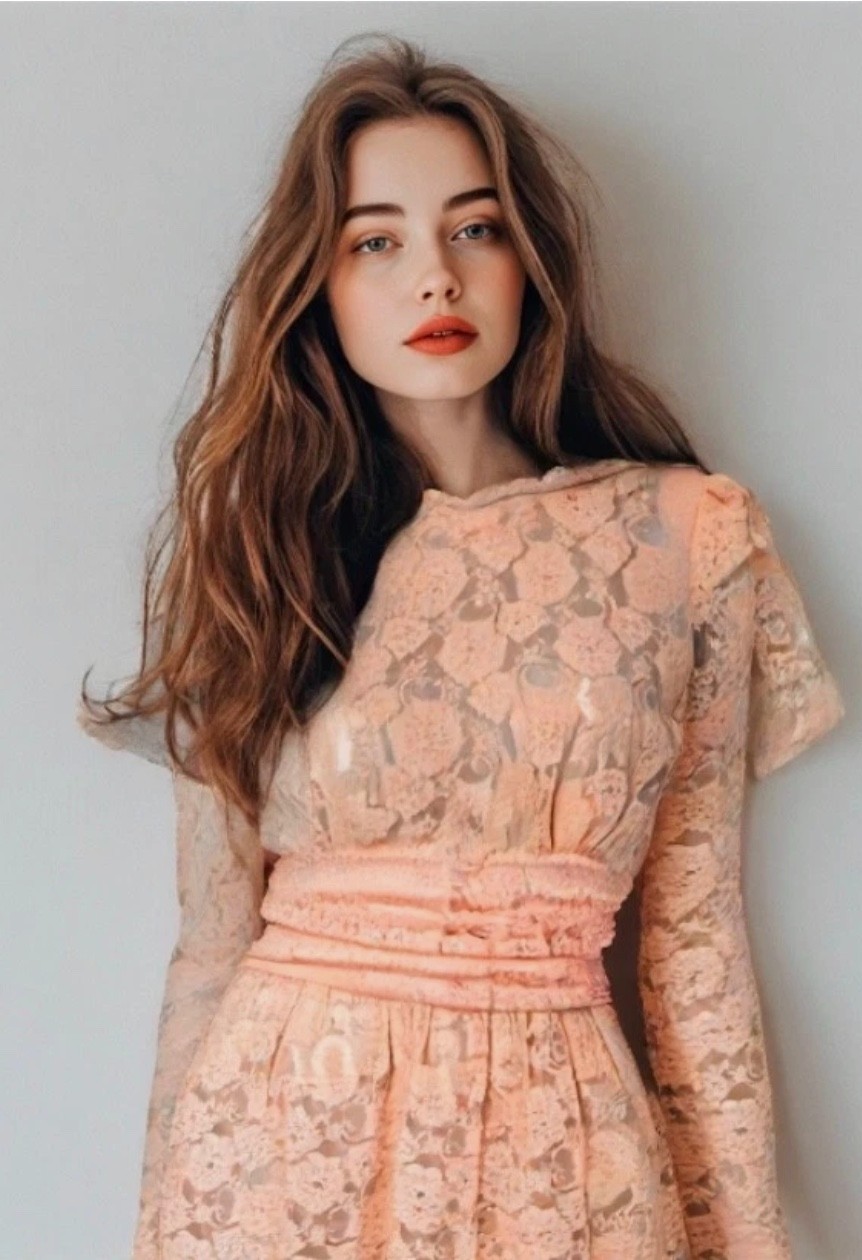 50s Lace Cocktail Dress Size XS Peach Open V-Back Long Sleeve Midi Vintage EUC