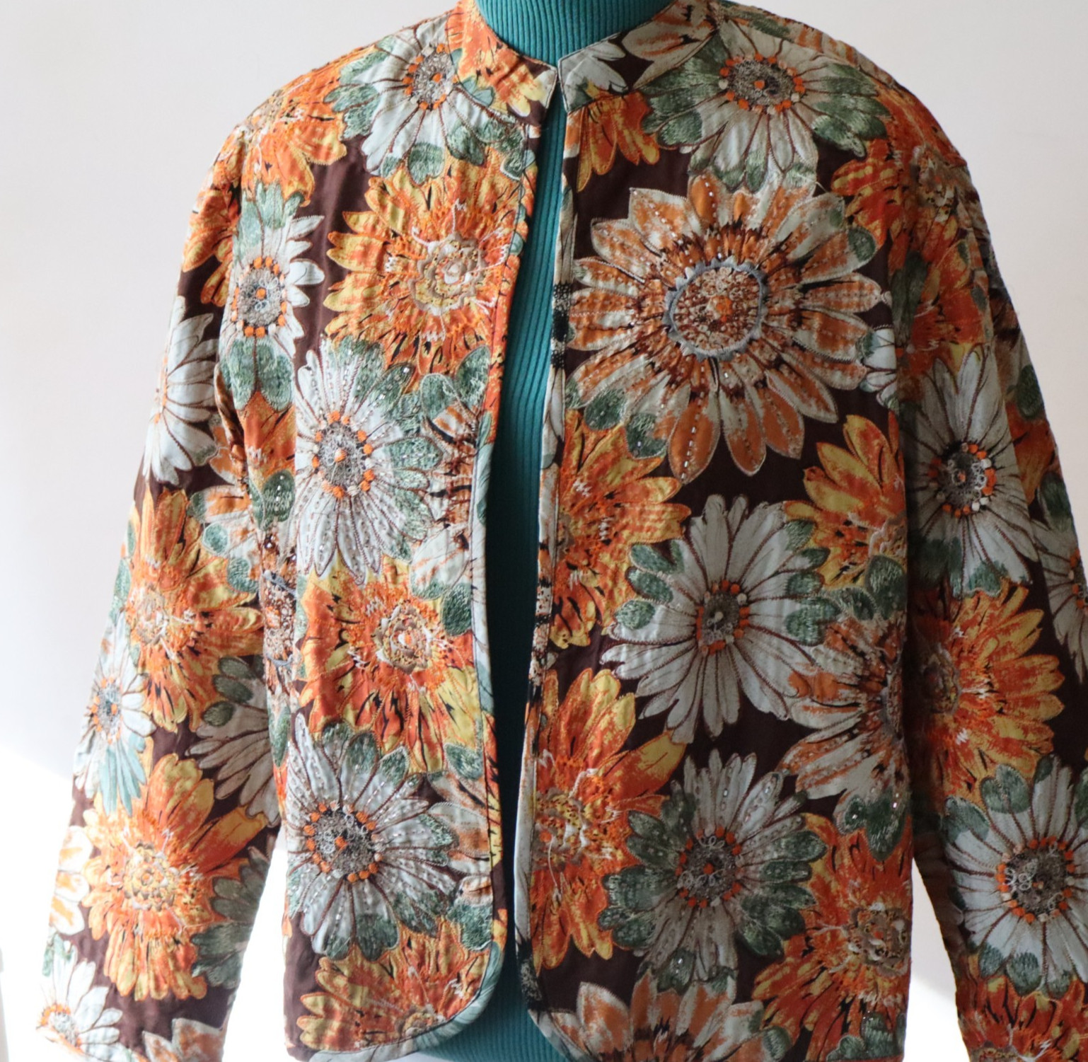 Vintage Embroidered Anu Jacket 100% Pure Silk, Orange, Gray, Brown Floral Sz Med