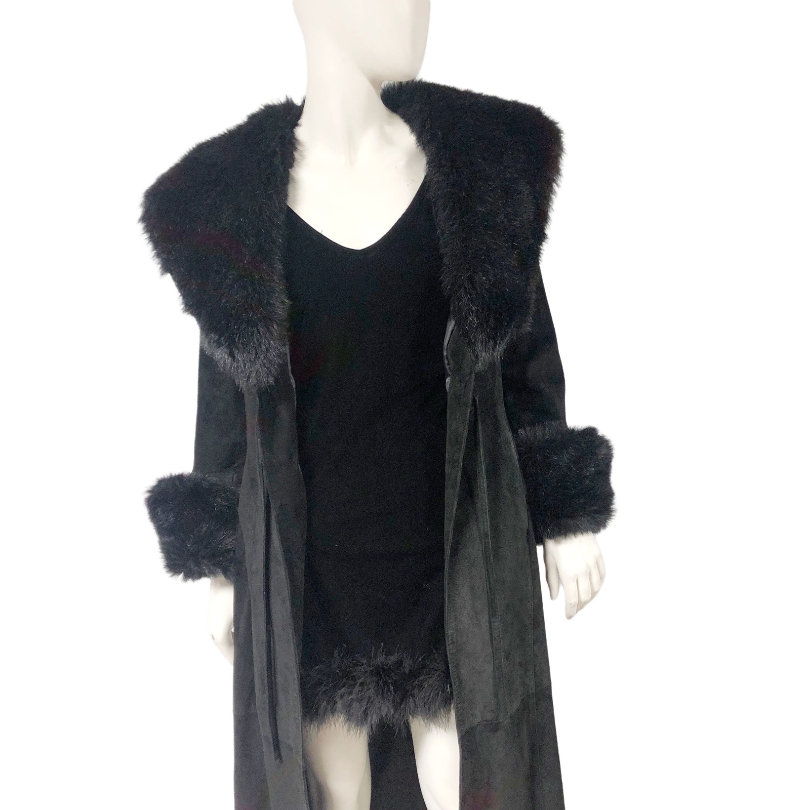 Vintage Y2K 2000s Express Black Suede Faux fur Long Coat Duster Size 5/6