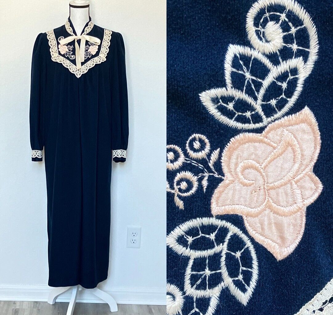 1980s Navy Velour Robe with Flower Applique, Vtg Floor Length Winter House Coat