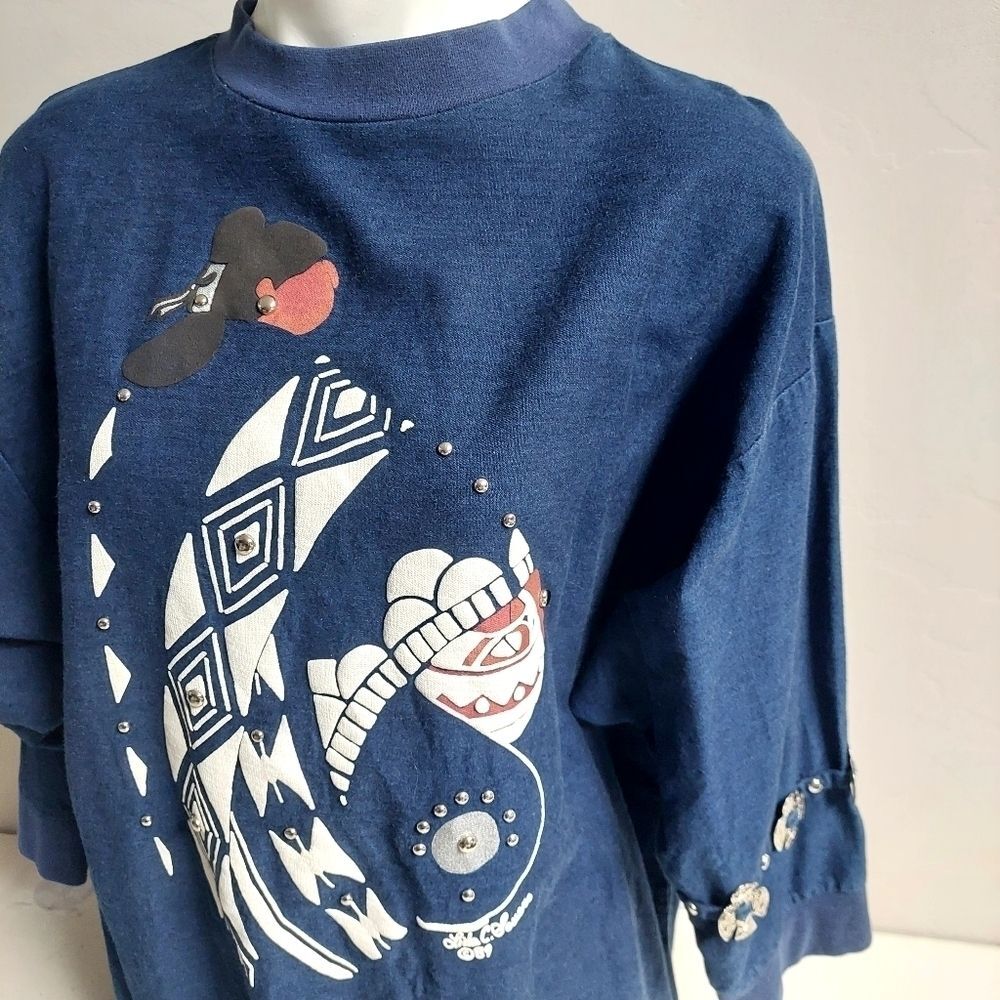 Lida Blue Chambray Top Shirt Southwestern Art Vintage 80s Embelished Size L