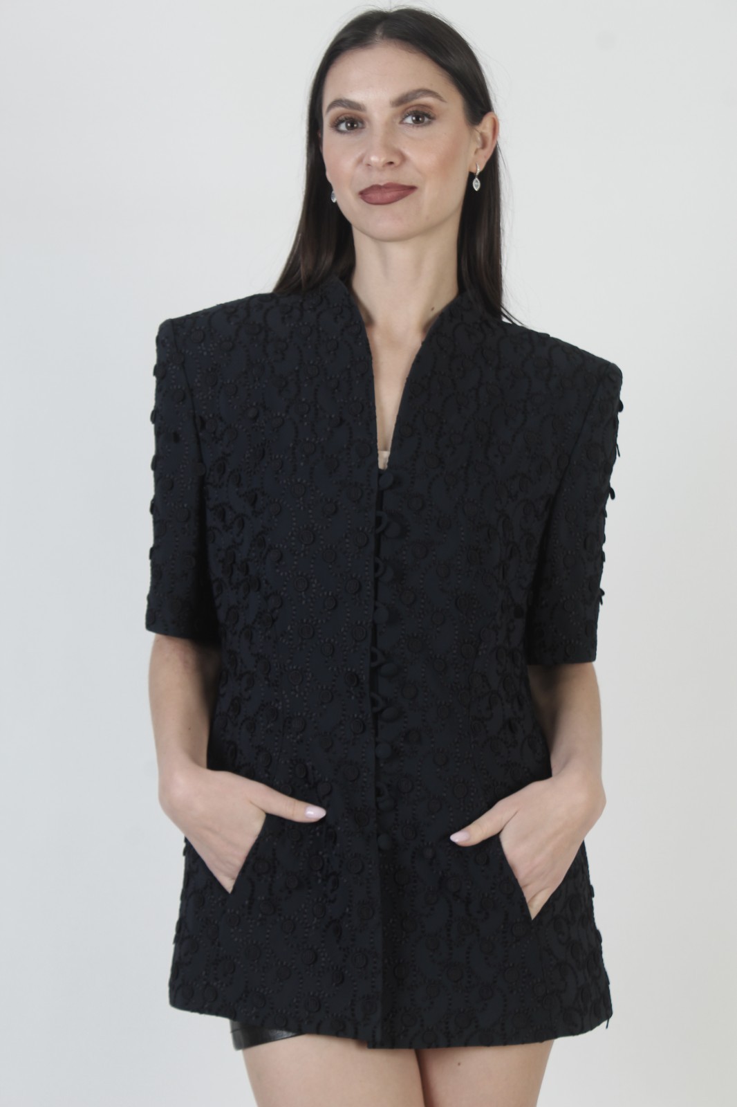Vtg Escada Couture Jacket Navy Silk Designer Button Up Blazer Coat W/ Pockets 42