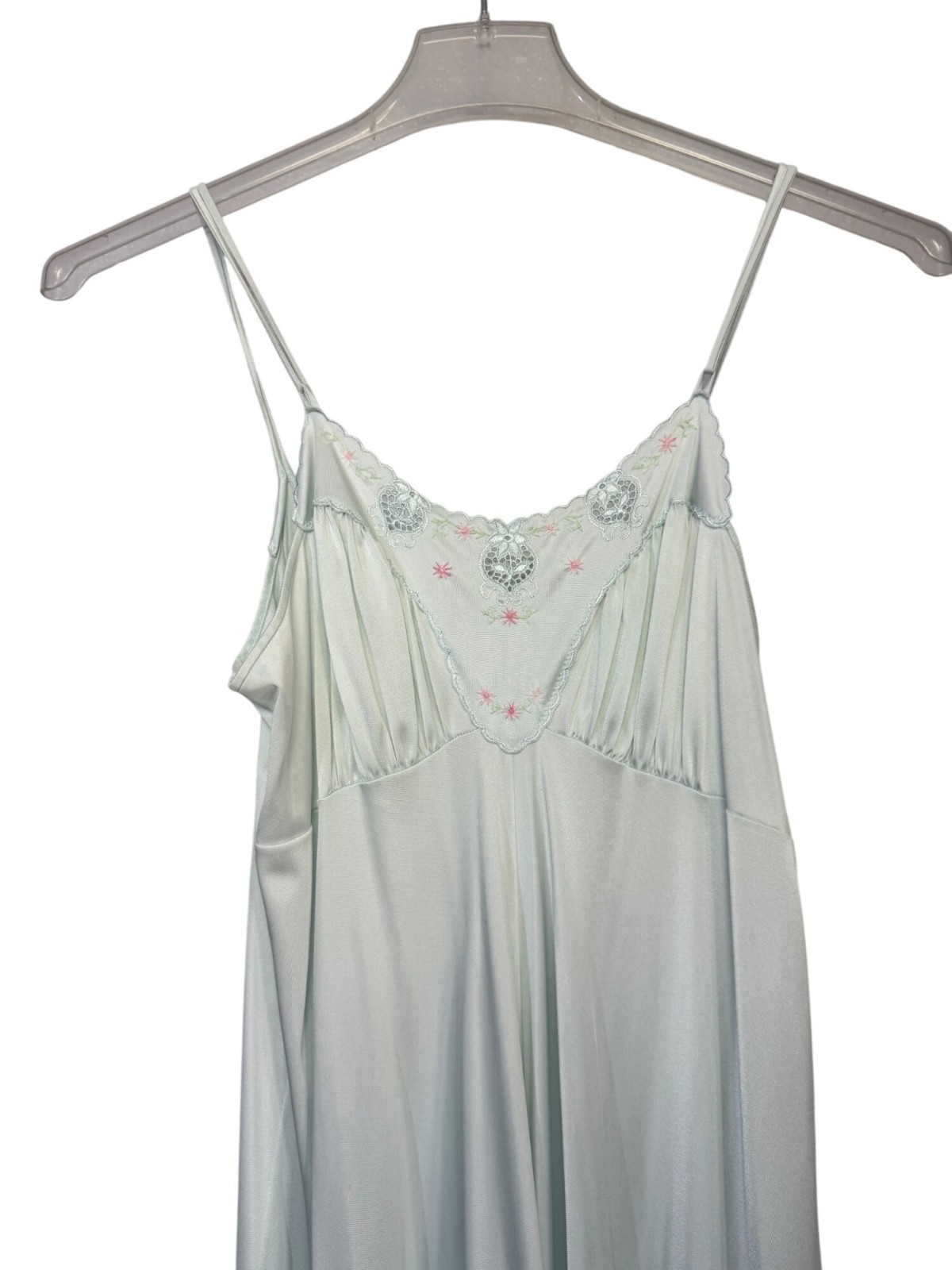 Shadowline Nylon Nightgown Light Blue Size Medium Embroidered Floral Lace Trim