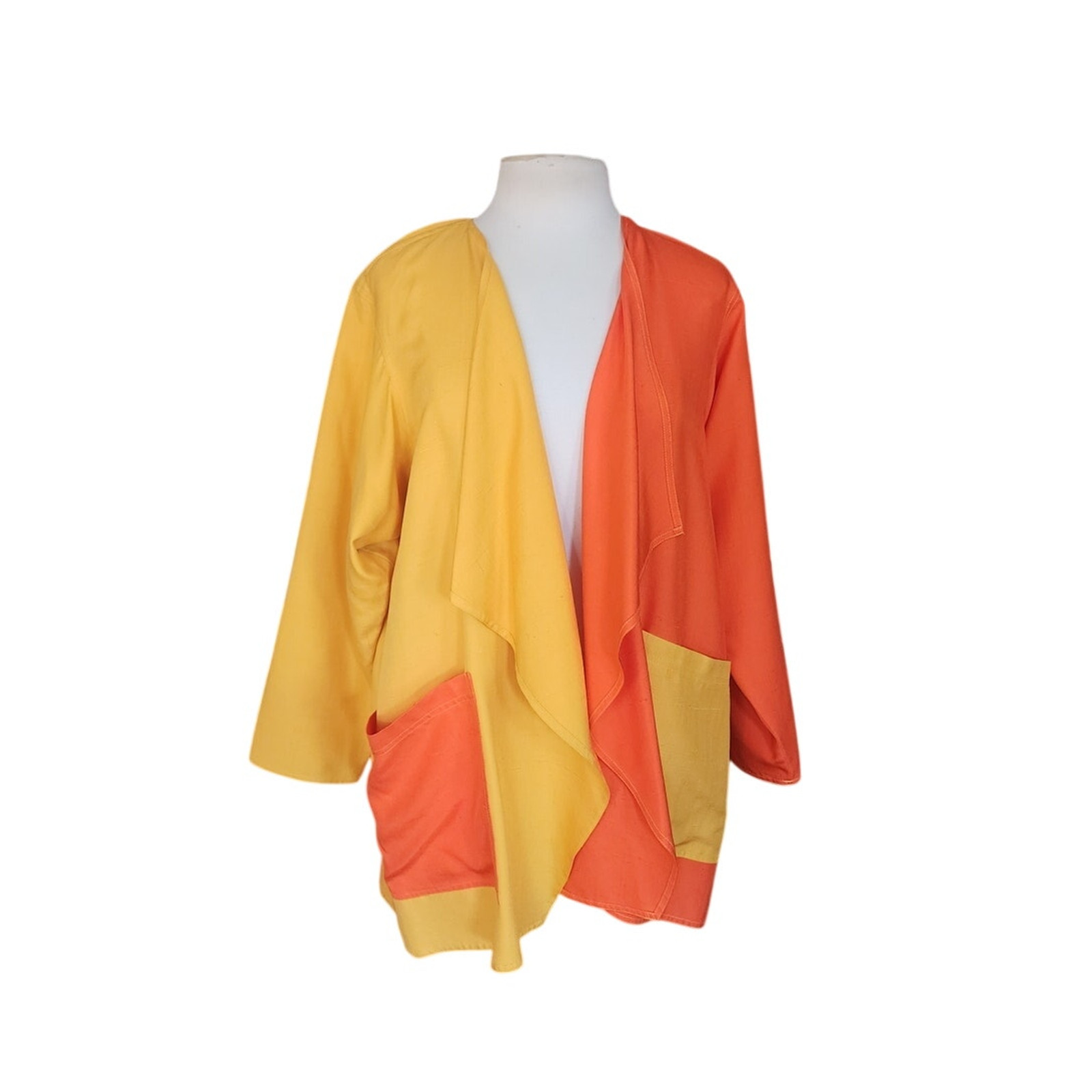 VTG 90s Duster Jacket Silk Yellow Orange Colorblock Blazer Victoria March