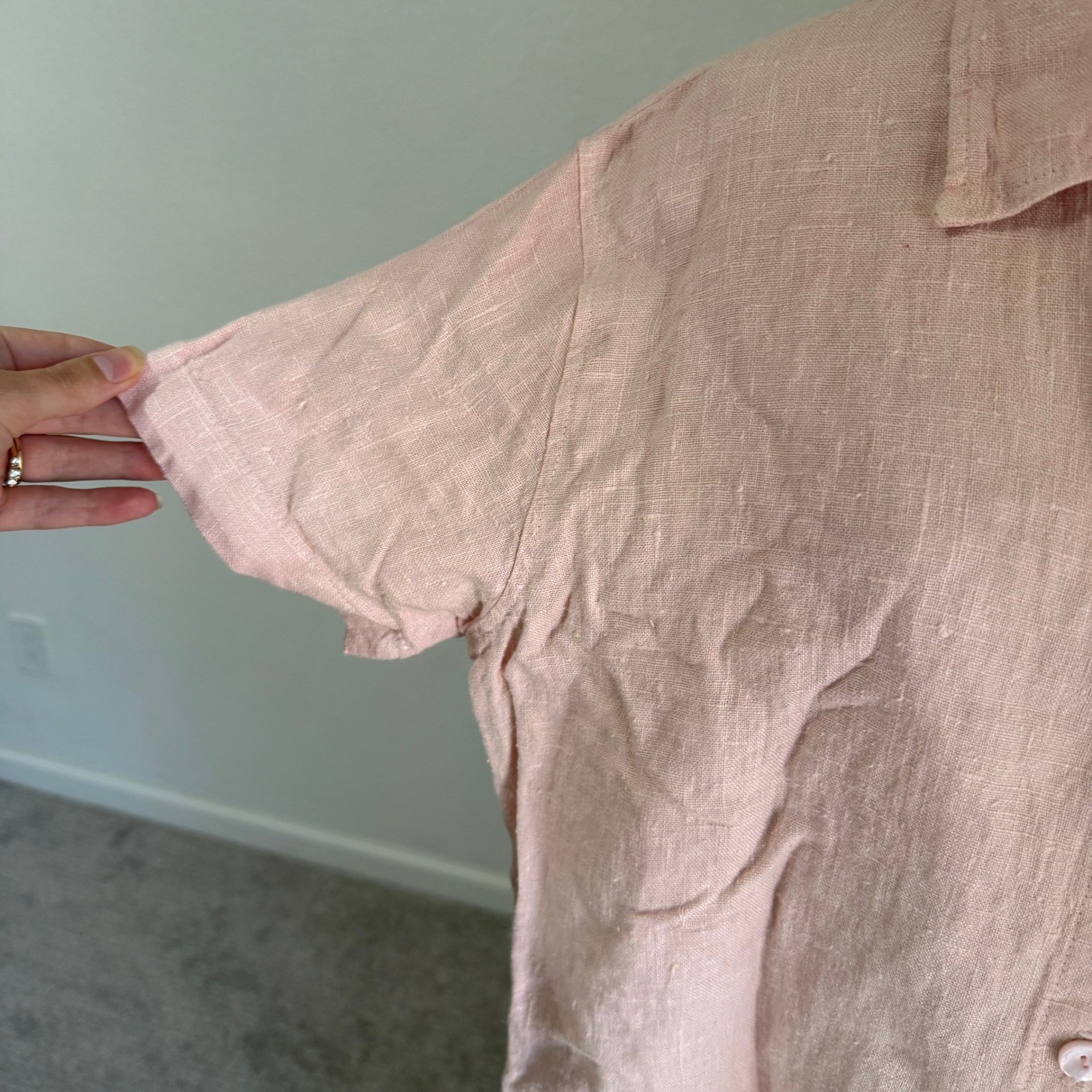 Clio Vintage 90s Linen Button Down Shirt Light Pink Short Sleeve Womens Medium