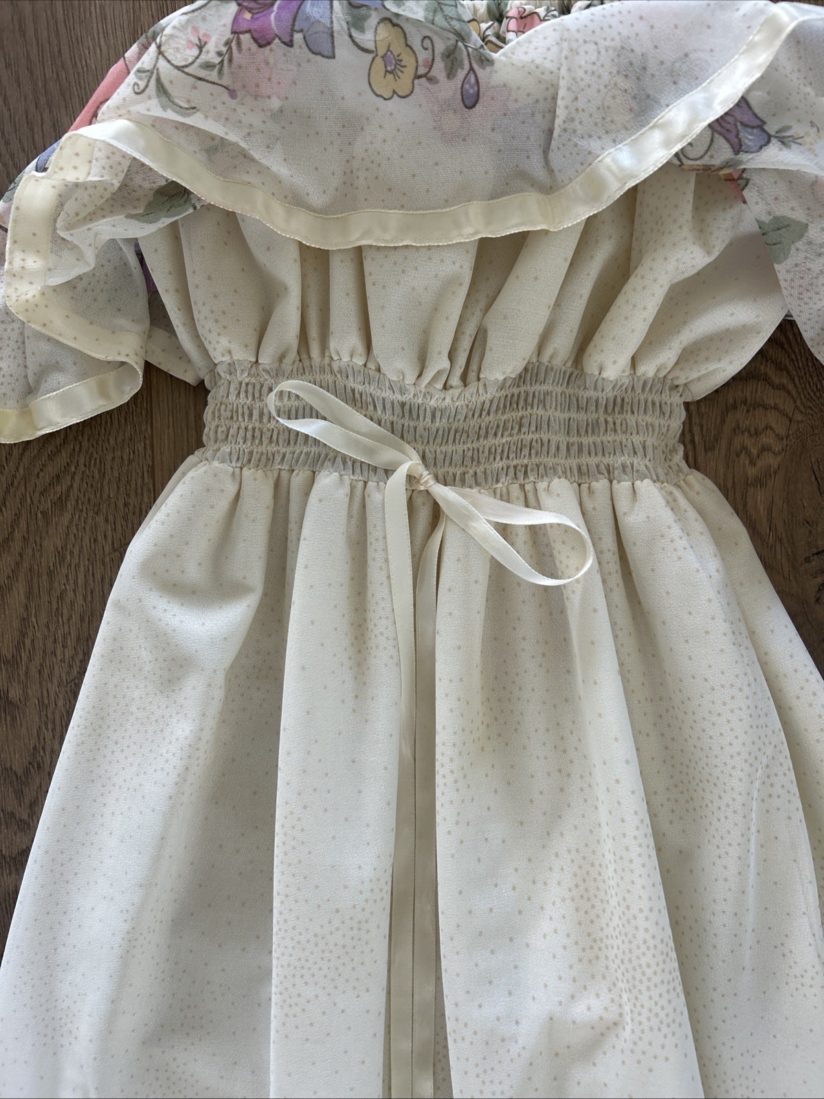 Vtg Vicky Vaughn Juniors 1970s Cream Floral Maxi Sundress Ruffle Bust XS/S Sz 5