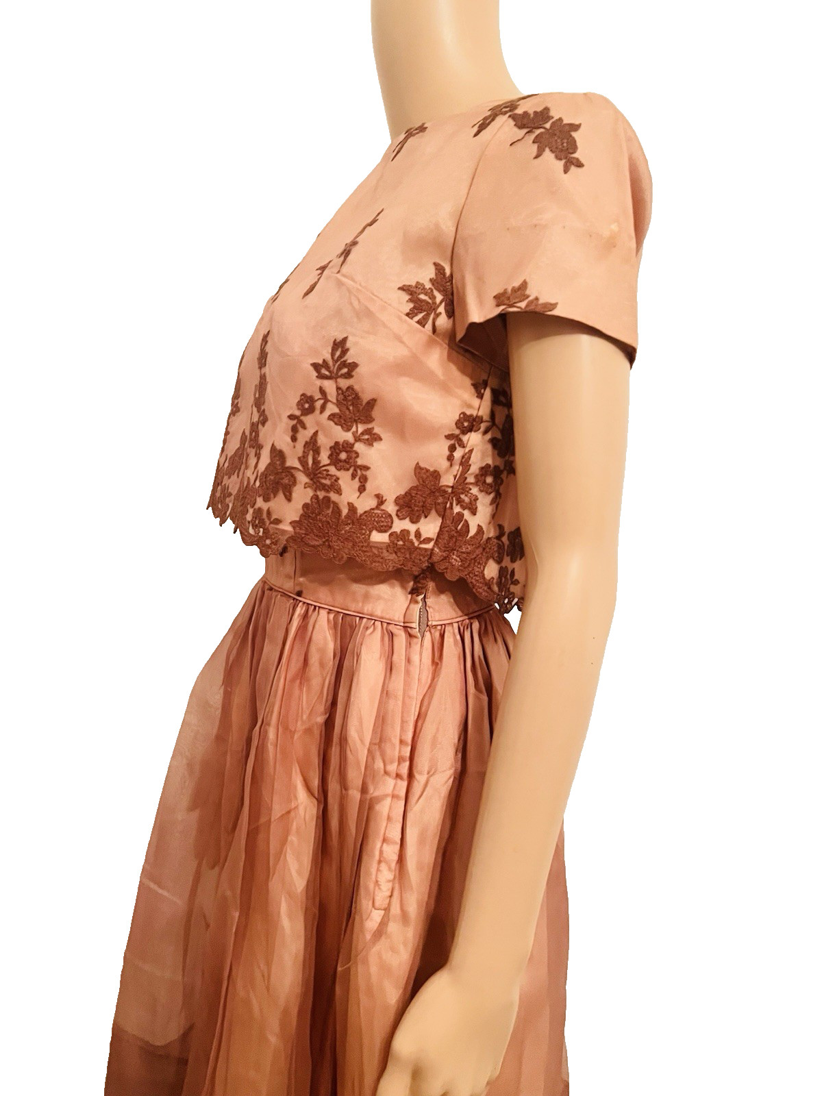 VTG 50s Nina 2pc Copper/Brown Cocktail Dress & Jacket Embroidered Floral Lace M*