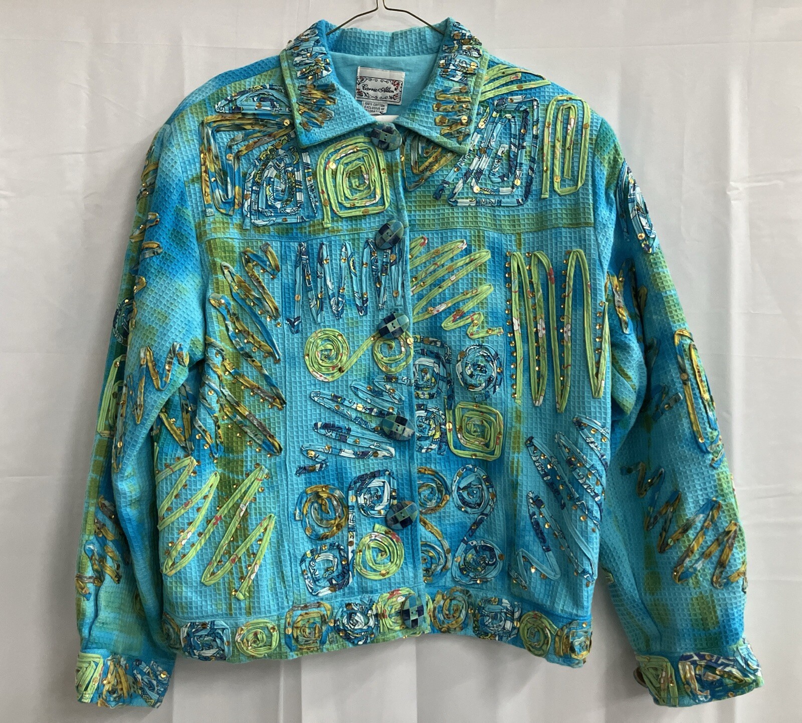 Vintage 90s Turquois Jacket Patchwork Bedazzle Retro CARRIE ALLEN Size Small