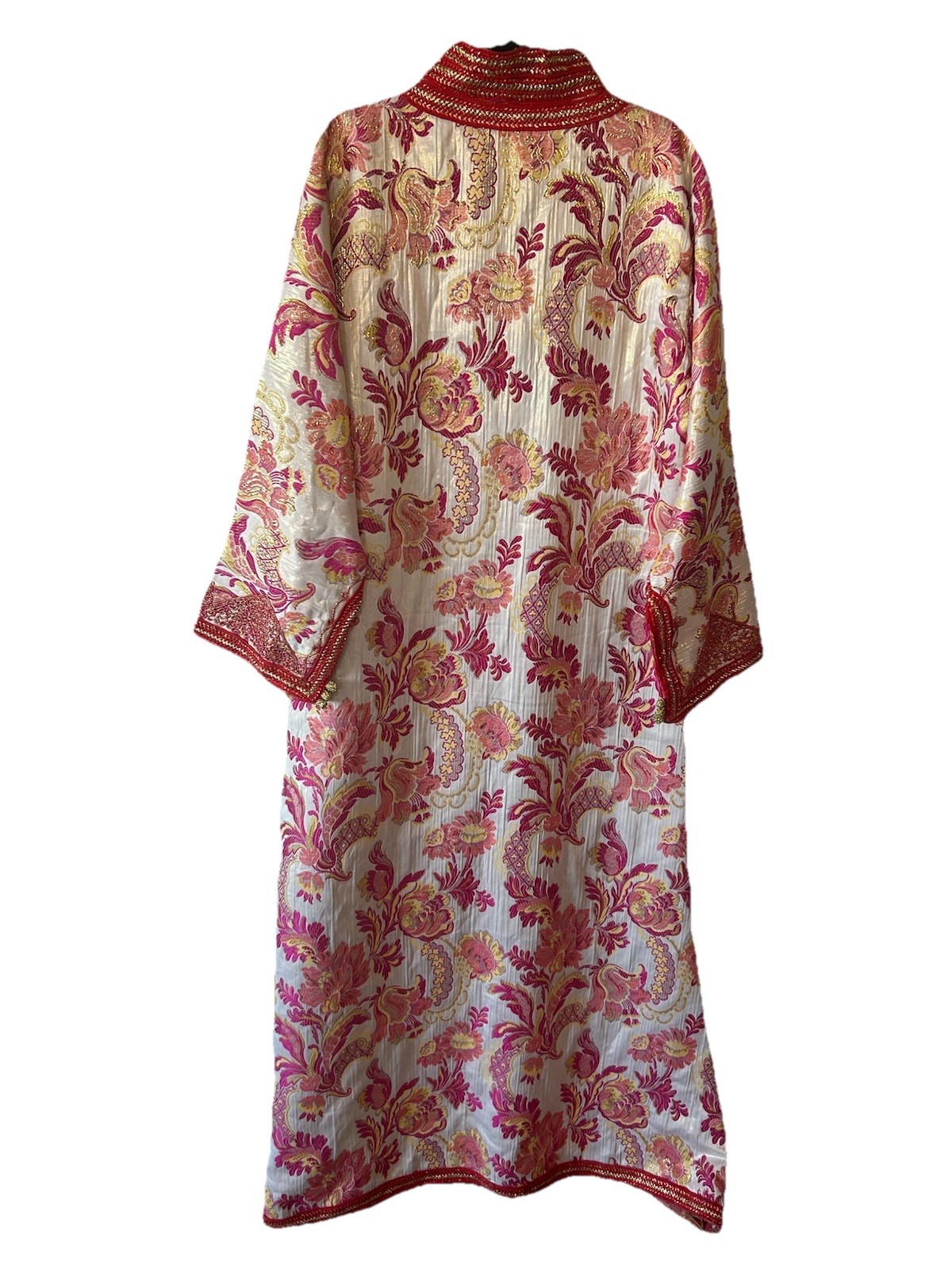 Vintage 1970’s Moroccan Brocade Kaftan Maxi Dress Pink Gold Embroidered L/XL