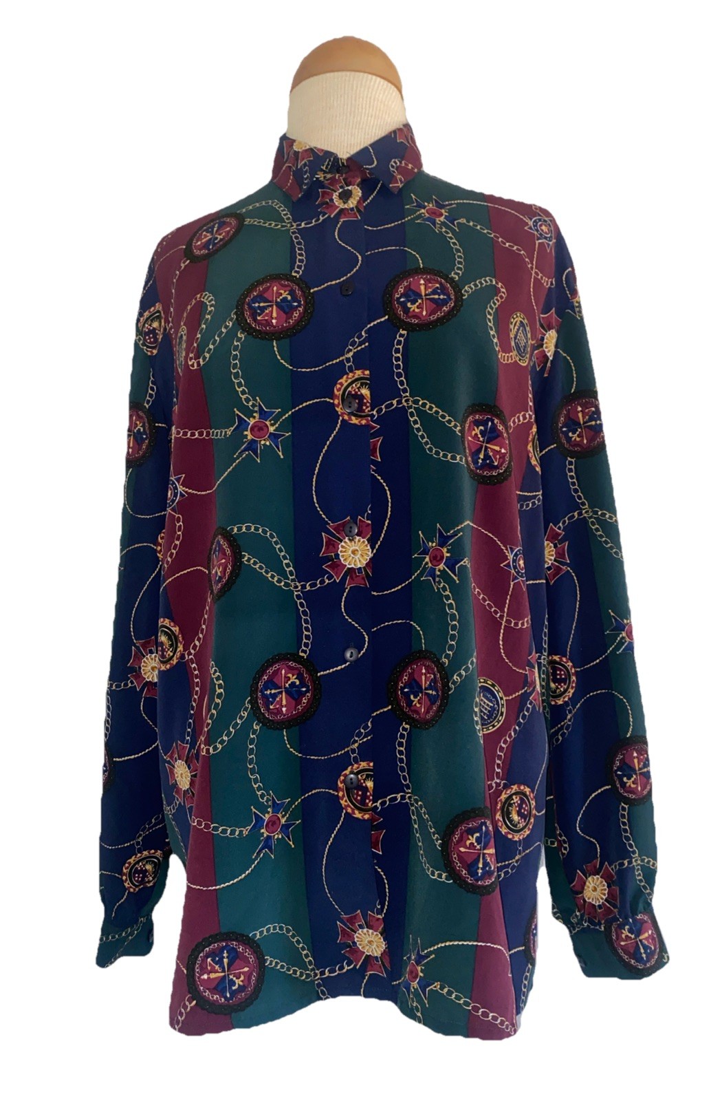 Alia Green, Navy, Maroon, Gold Vintage 80’s Design Blouse Women SZ 16