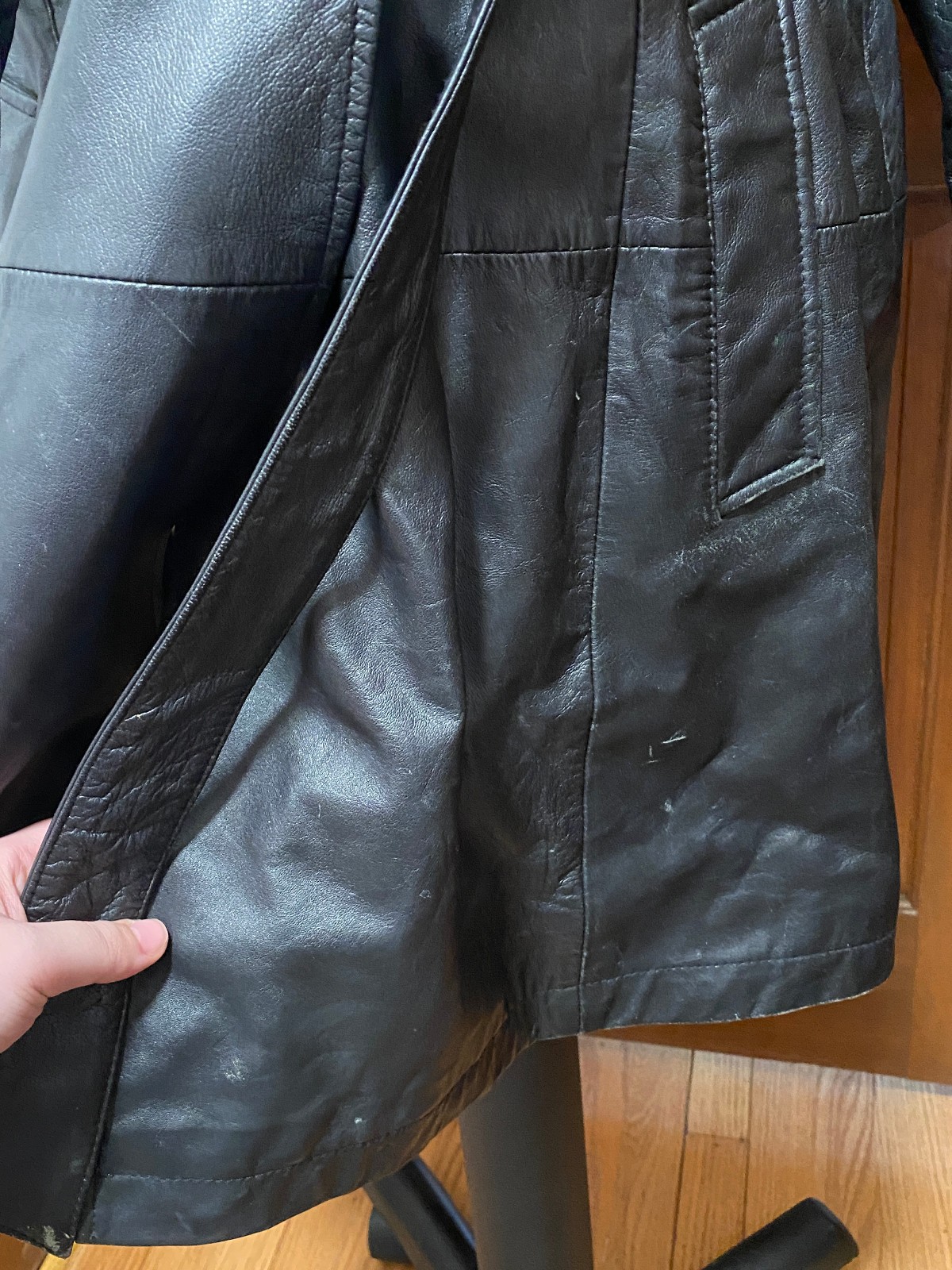 VTG Excelled Black Knee Length Leather Jacket Belted Coat XL Soft Lightweight