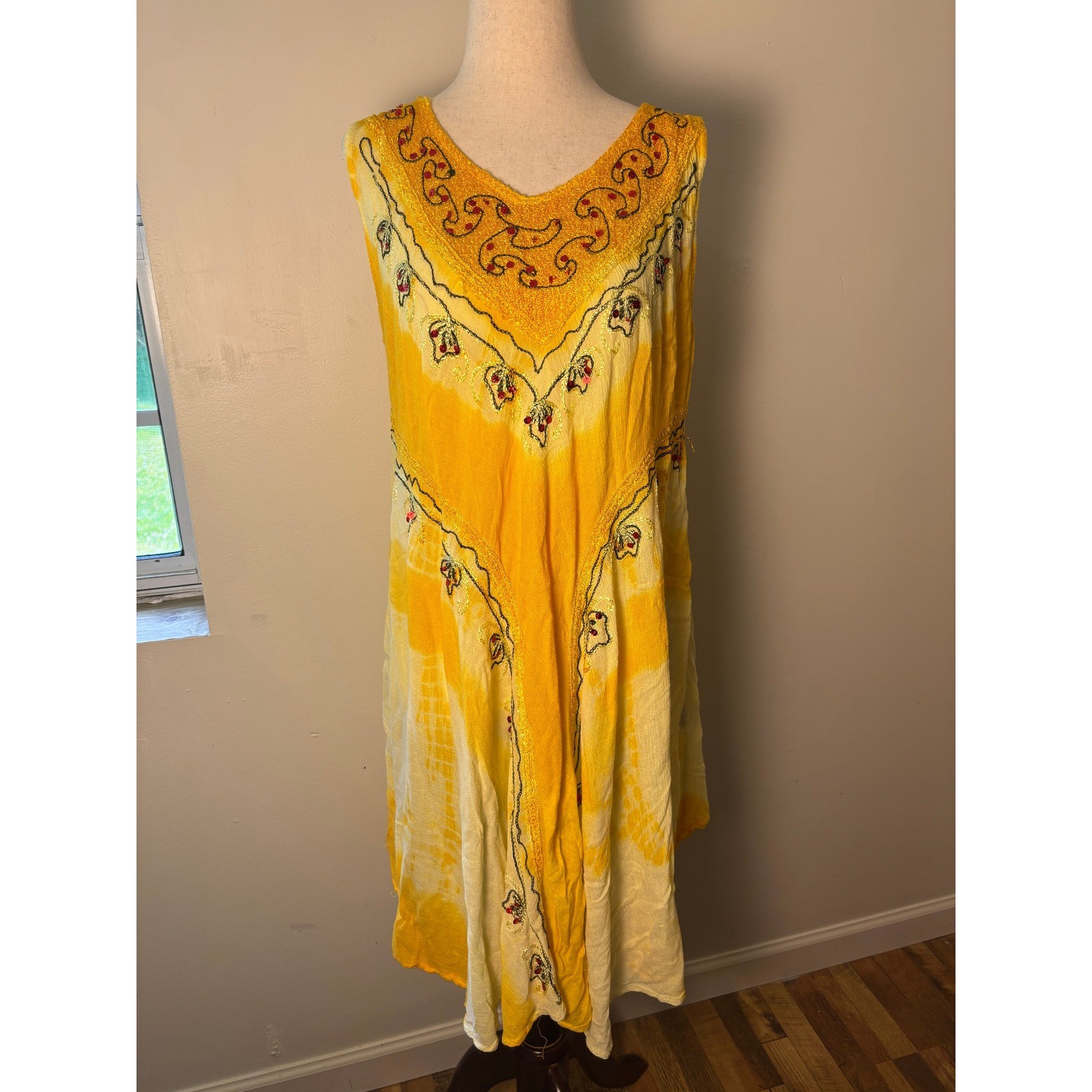 Boho Yellow Embroidered Midi Dress Free Size Festival Hippie Indie Eclectic