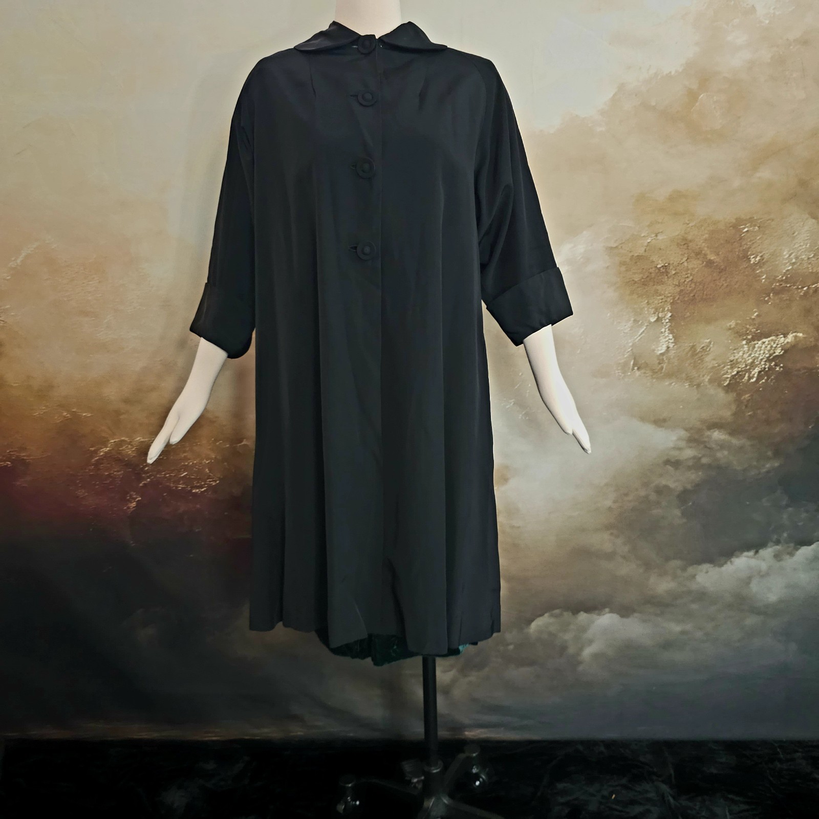 Vintage 1950s Coat Jacket Swing Coat Lightweight Black Half Sleeve Buttons Pinup