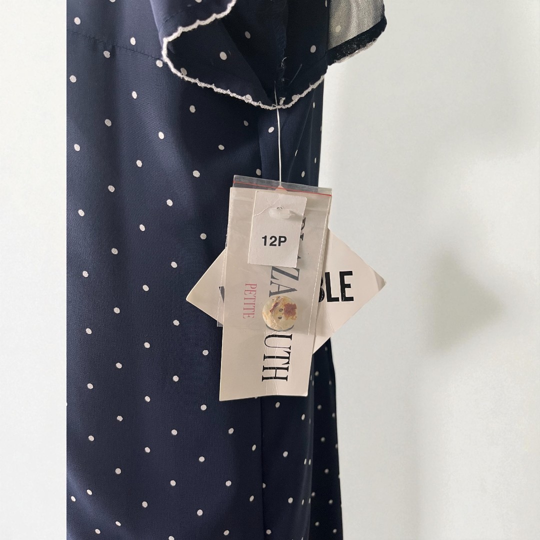 NWT VTG 90s Plaza South Coast 12P Maxi Navy Blue & White Polka Dot Shirt Dress