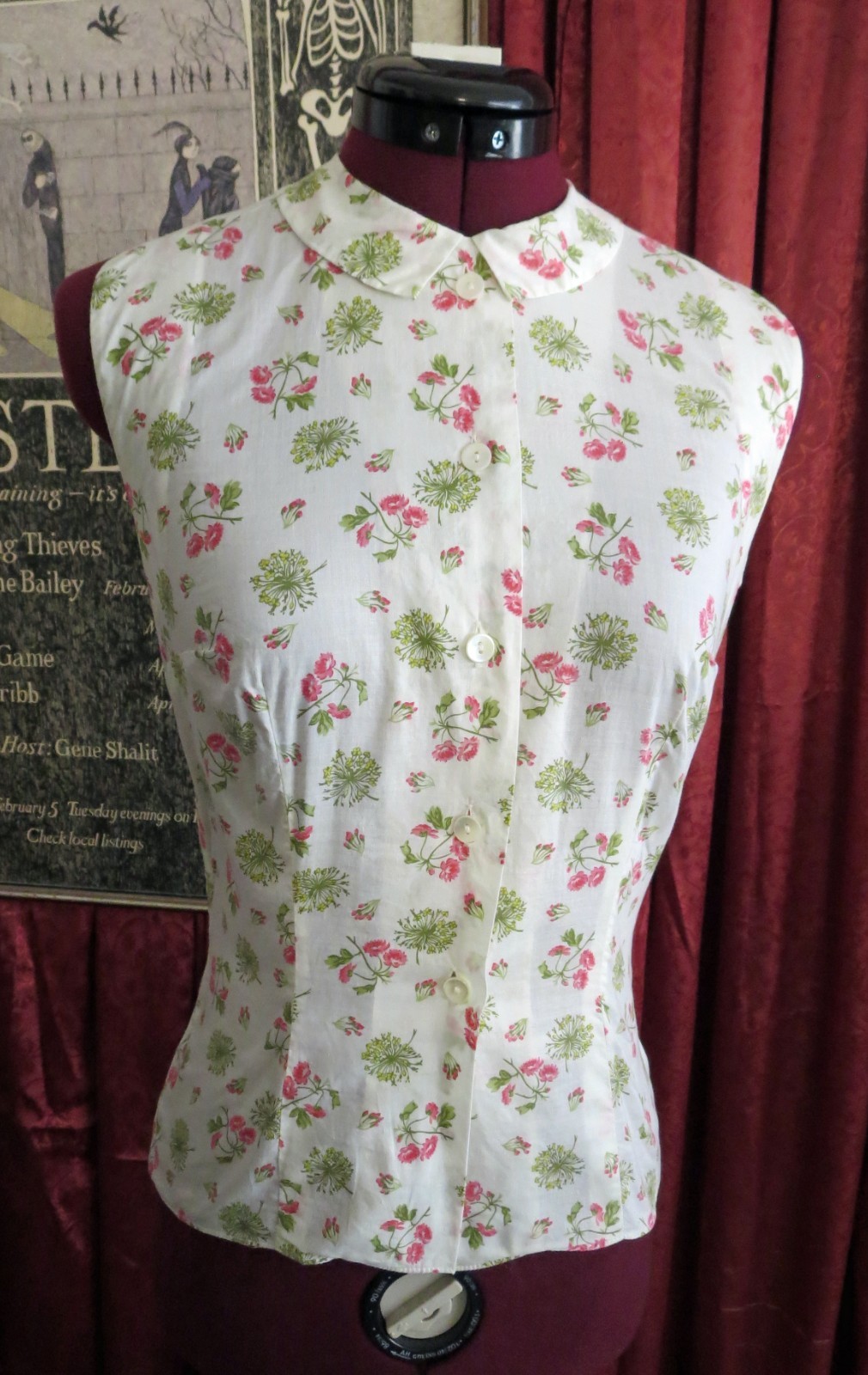 1950s Pink Green White Floral Sleeveless Button Up Top XS by McMullen