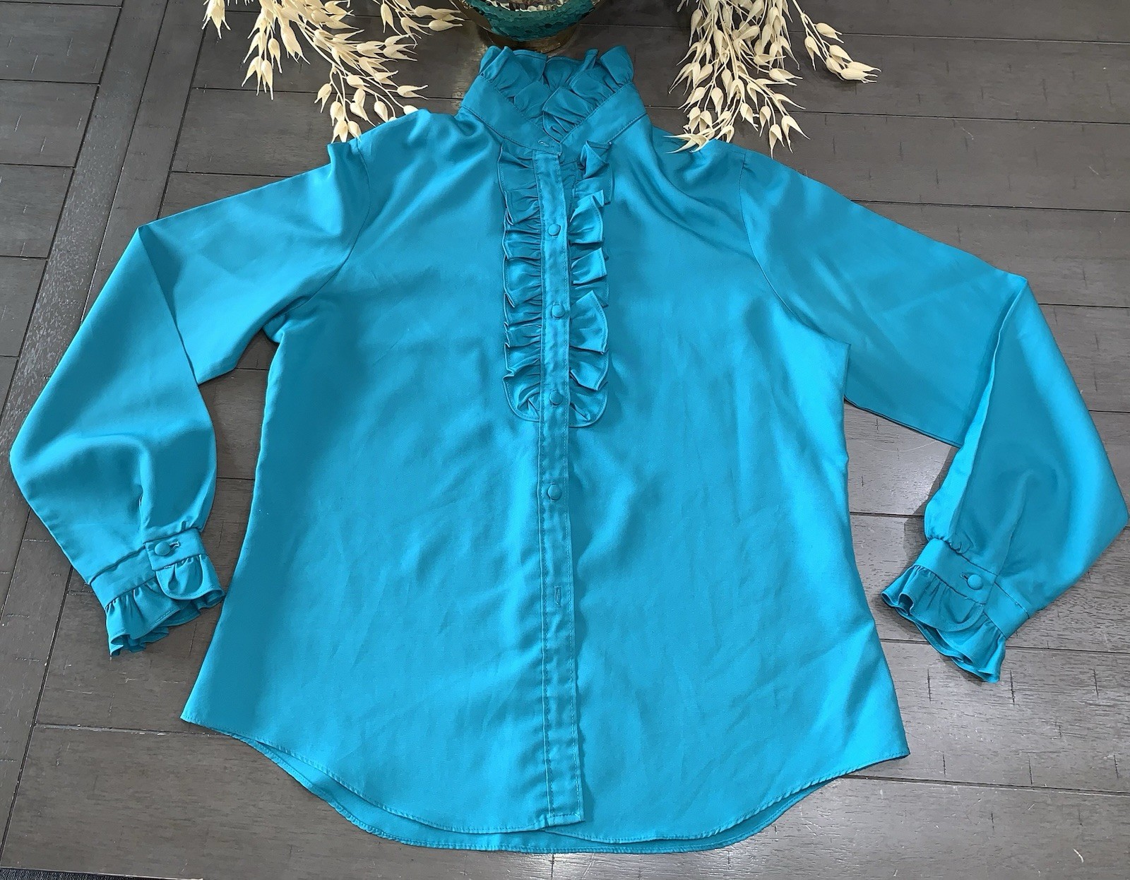 B7 VTG 80s LARGE JC PENNEY TEAL RUFFLE COLLAR SECRETARY POET BLOUSE LS *READ**