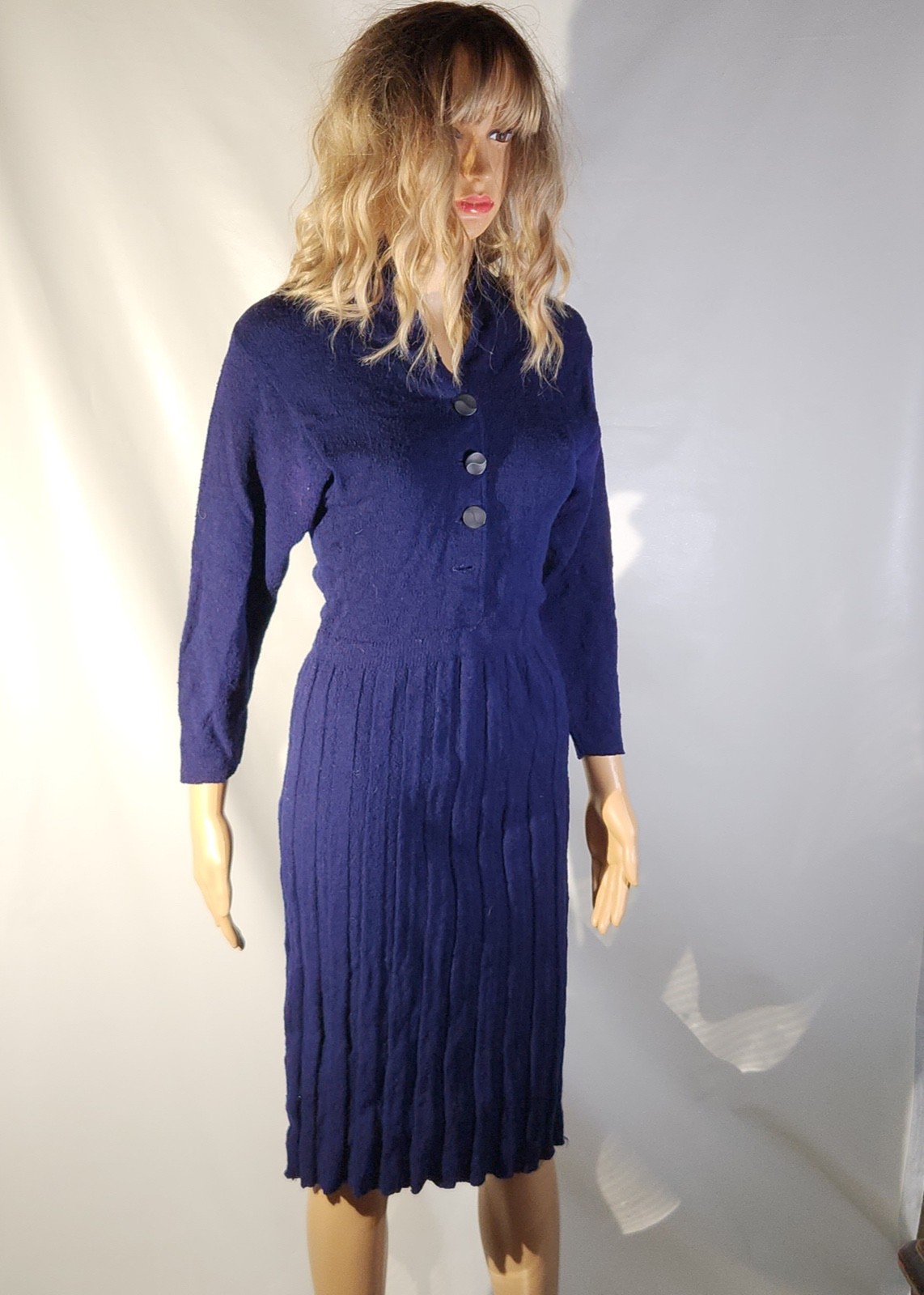 Vintage 1950s Wool Rayon or Nylon Knitted Sweater Dress Skirt Blue MCM 50s