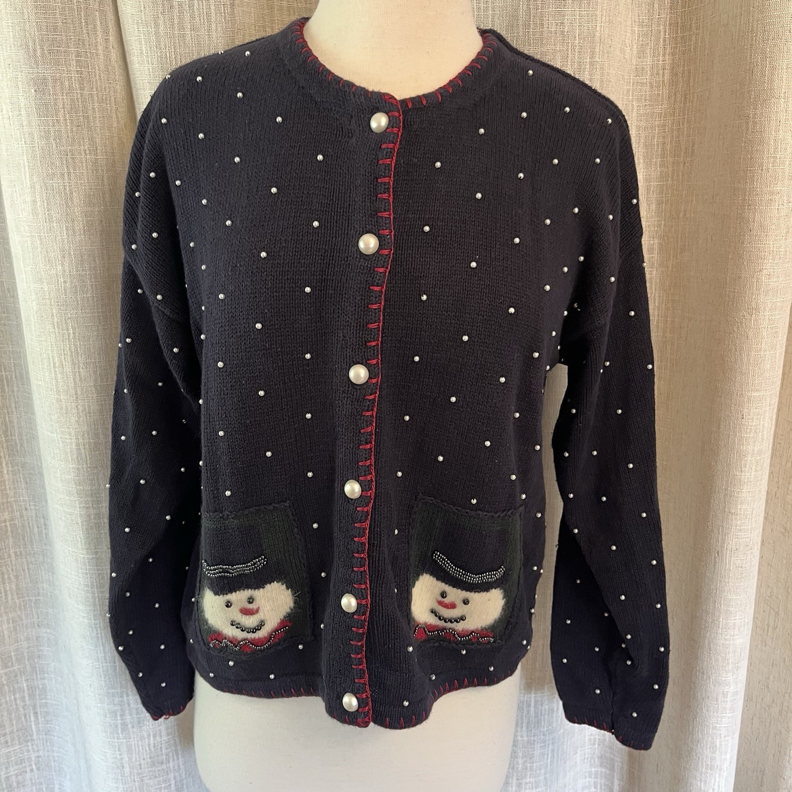 VTG Christopher & Banks Christmas Hand Embroidered Snowman Beaded Cardigan L