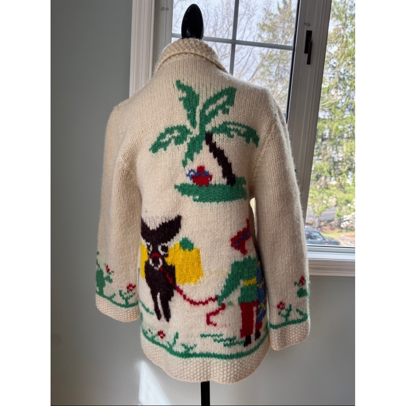 Hand knitted 1950&rsquo;s vintage wool cowichan Mexican cactus burrow metal zip cardi