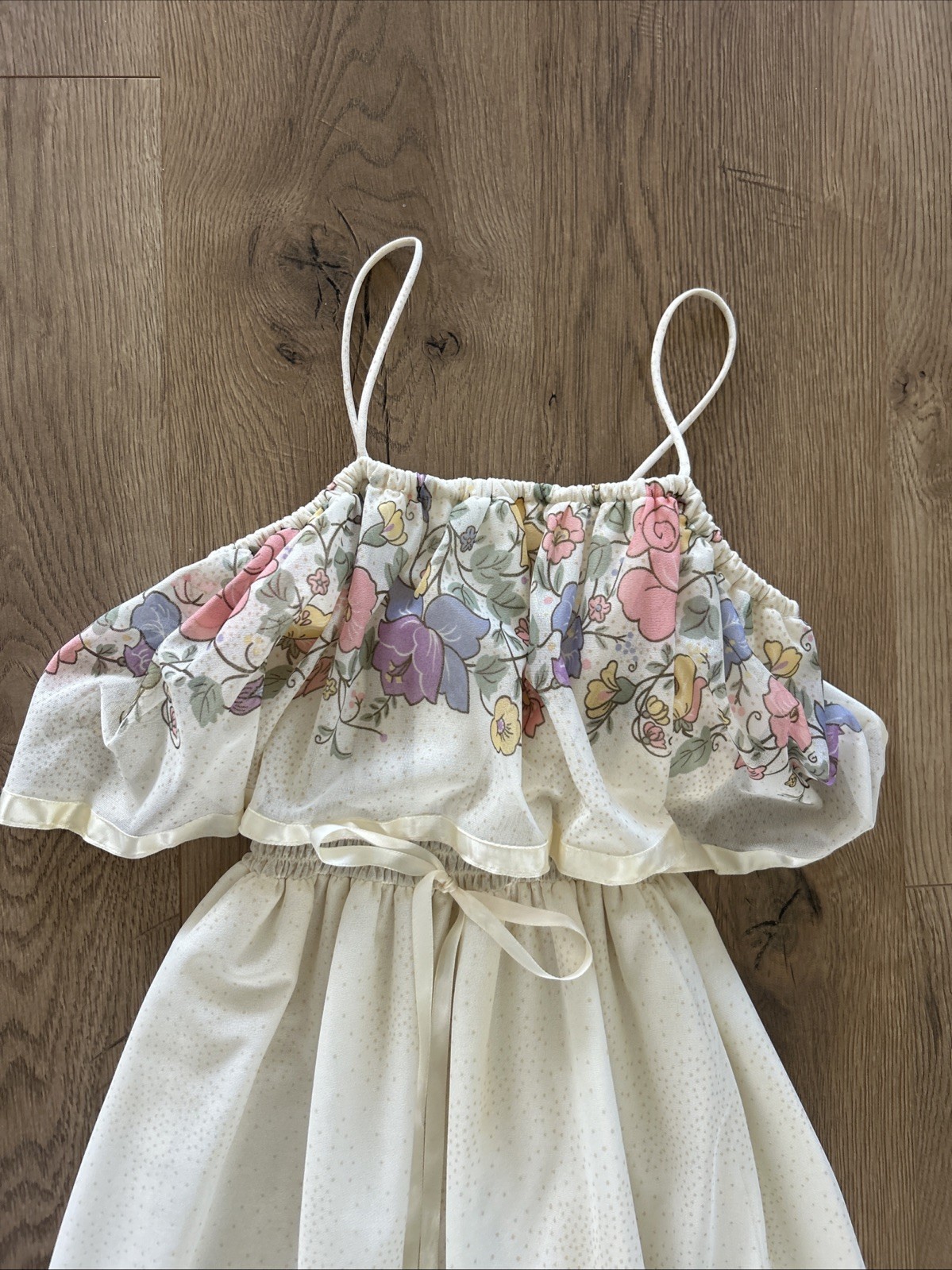 Vtg Vicky Vaughn Juniors 1970s Cream Floral Maxi Sundress Ruffle Bust XS/S Sz 5