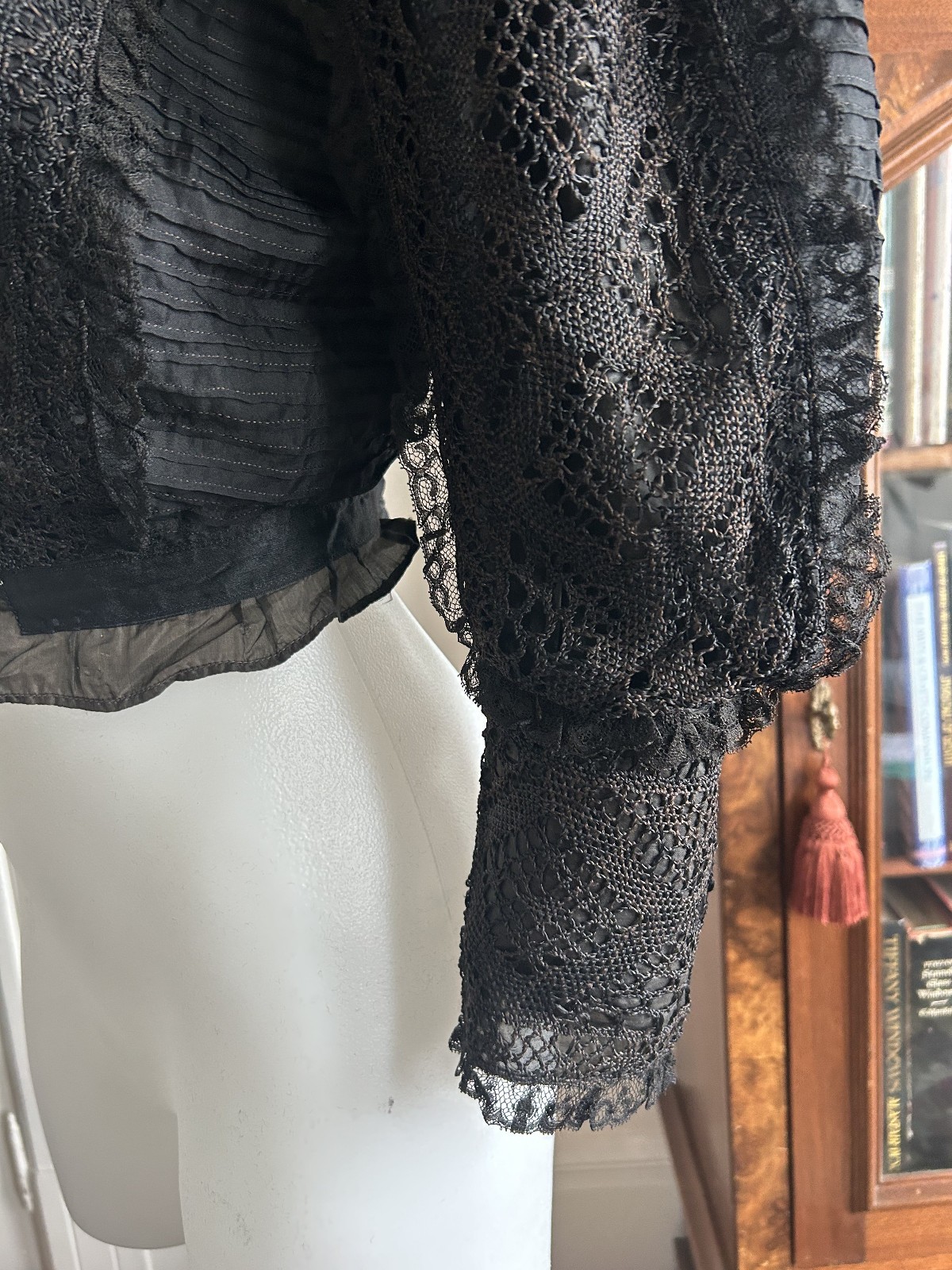 1890s Lace Black Victorian Blouse High Neck Antique Bodice Mourning Gothic XS