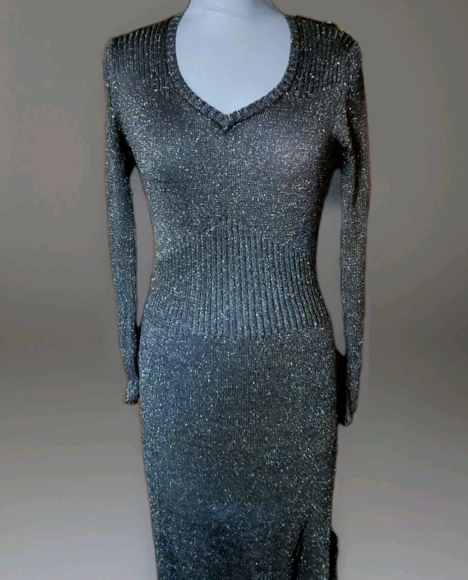 Vint 70&rsquo;s Studio 54 SILVERY METALLIC LUREX Knit V NECK Maxi Dress M HONG KONG