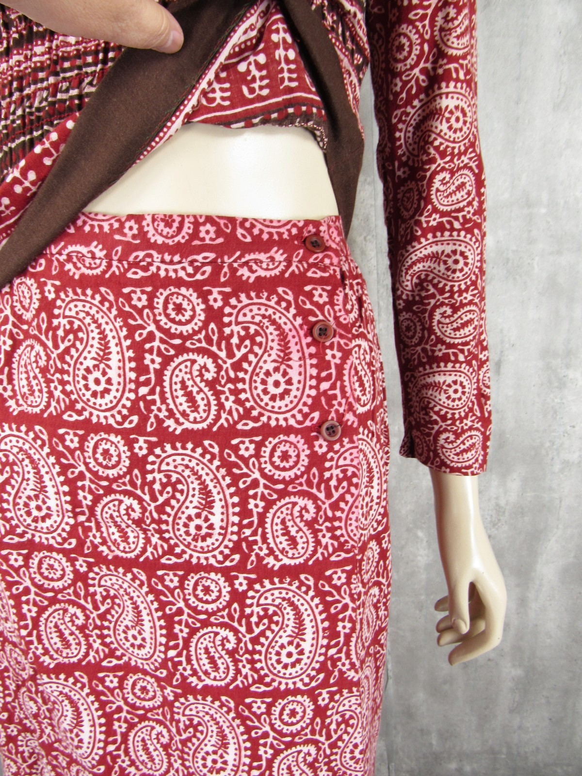 Vintage 70s Bonwit Teller 2pc India Hand Block Cotton Top Wrap Skirt Small